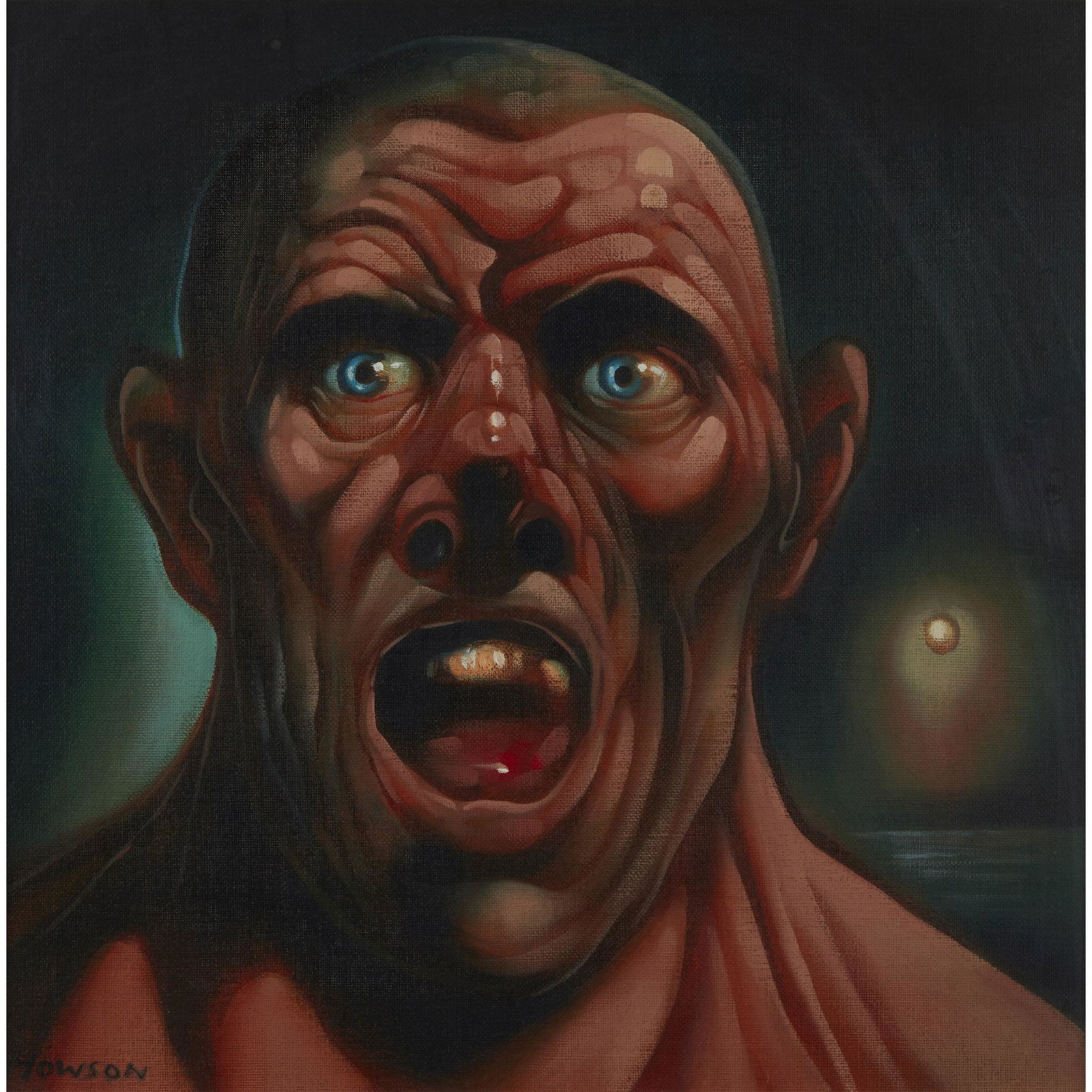 § PETER HOWSON O.B.E. (SCOTTISH 1958-) SHOUT -: Signed and dated lower left, oil on canvas (Dimensions: 40cm x 40cm (16in x 16in))(40cm x 40cm (16in x 16in))
