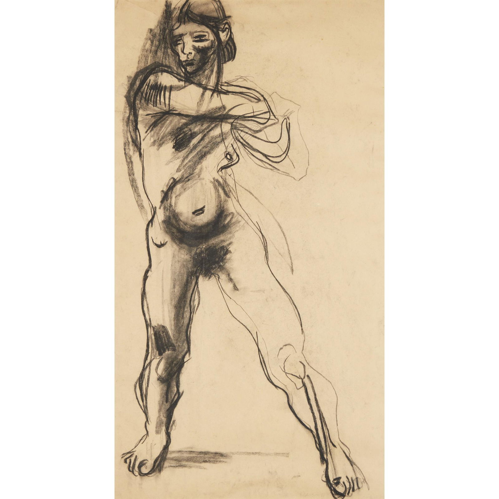 § PETER HOWSON O.B.E. (SCOTTISH 1958-) NUDE, 1981: Charcoal (Dimensions: 75cm x 40cm (29.5in x 15.75in))(75cm x 40cm (29.5in x 15.75in))Footnote: Exhibited: Cyril Gerber Fine Art, Glasgow