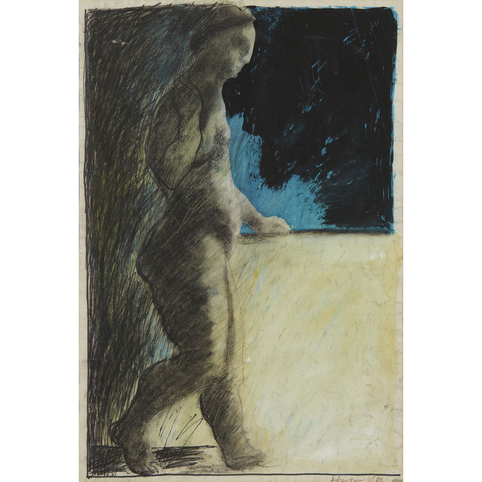 § PETER HOWSON O.B.E. (SCOTTISH 1958-) BY THE WALL: Signed and dated '80, mixed media on paper (Dimensions: 48cm x 33cm (19in x 13in))(48cm x 33cm (19in x 13in))