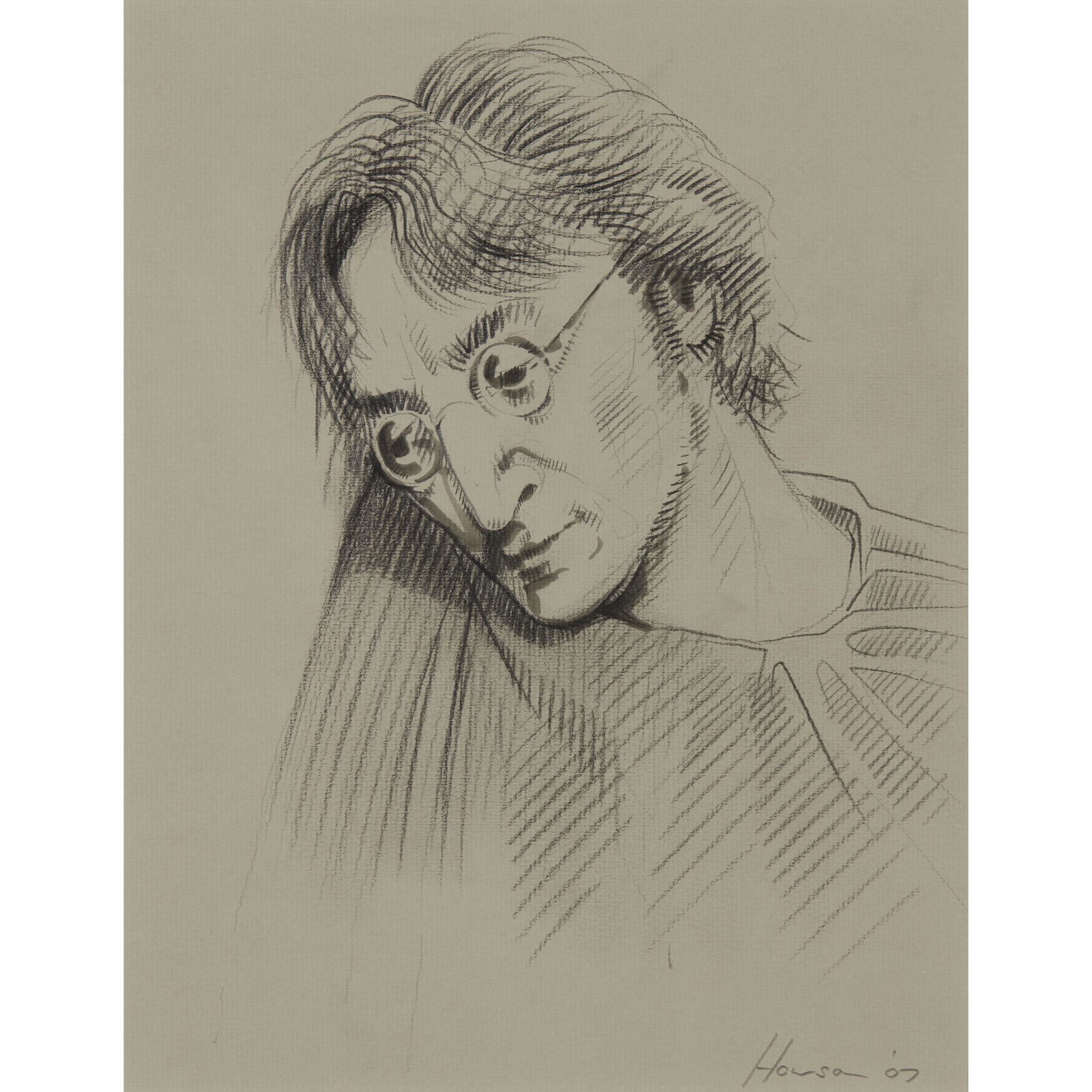 § PETER HOWSON O.B.E. (SCOTTISH 1958-) PORTRAIT OF: Signed and dated '07, graphite and ink wash (Dimensions: 28cm x 21cm (11in x 8.25in))(28cm x 21cm (11in x 8.25in))