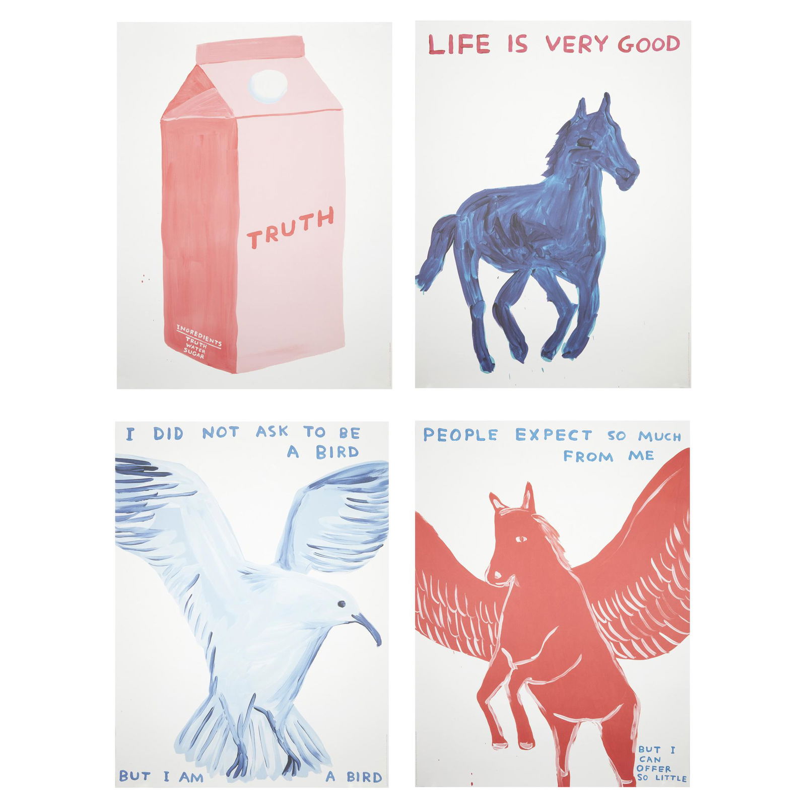 § DAVID SHRIGLEY O.B.E. (BRITISH 1968-) FOUR: Off-set lithographs (Dimensions: each 80cm x 60cm (31.5in x 23.5in), unframed) (Qty: 4)(each 80cm x 60cm (31.5in x 23.5in), unframed)Qty: (4)