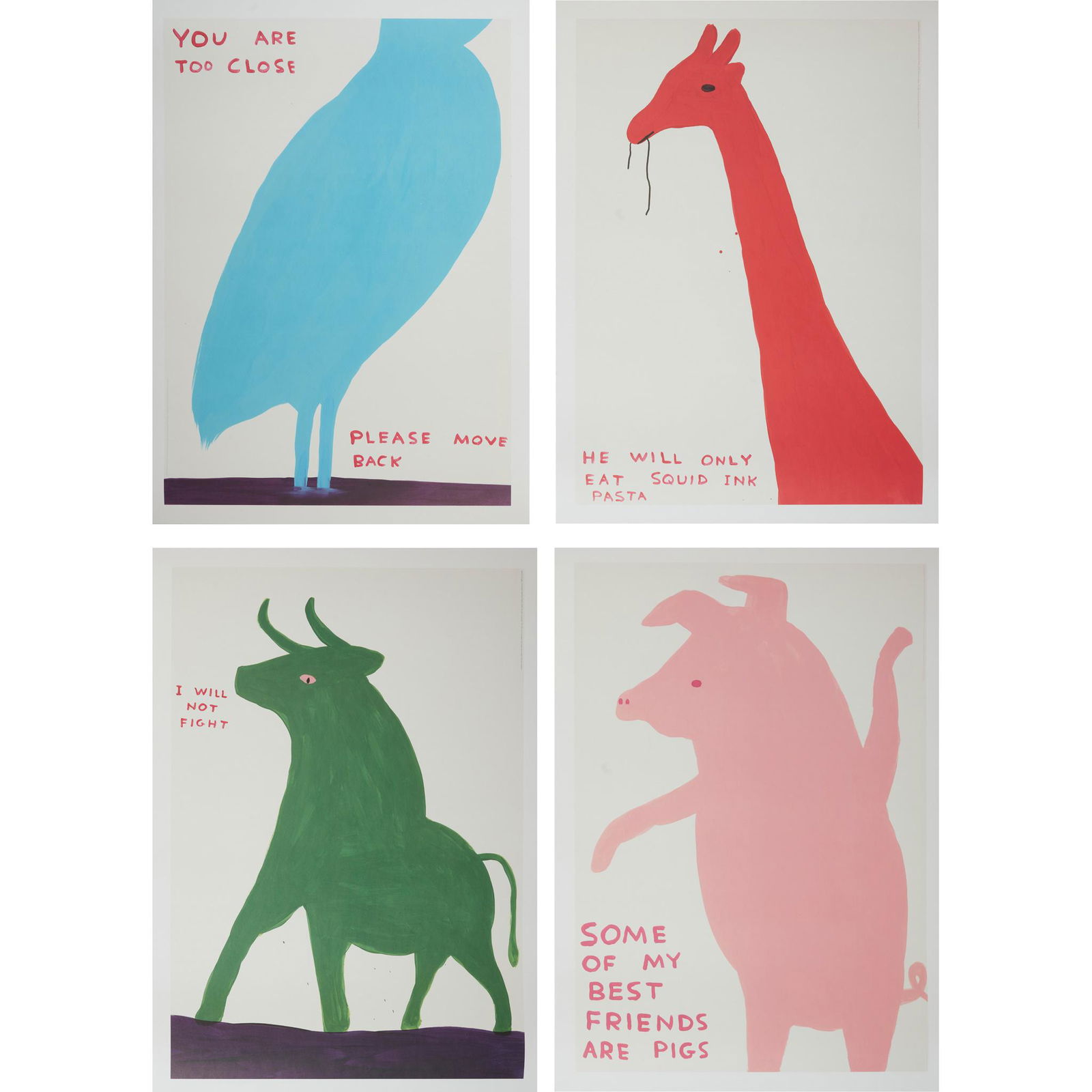 § DAVID SHRIGLEY O.B.E. (BRITISH 1968-) ANIMALS: Off-set lithographic posters (Dimensions: each 80cm x 60cm (31.5in x 23.5in), unframed) (Qty: 4)(each 80cm x 60cm (31.5in x 23.5in), unframed)Qty: (4)