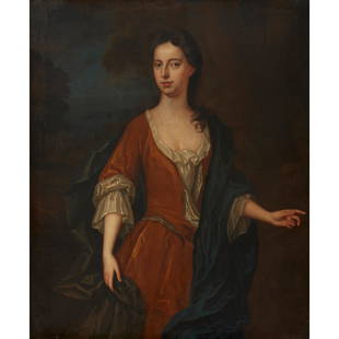 FOLLOWER OF WILLIAM AIKMAN THREE QUARTER LENGTH: FOLLOWER OF WILLIAM AIKMAN THREE QUARTER LENGTH PORTRAIT OF A YOUNG WOMAN IN BROWN Oil on canvas (122cm x 101.5cm (48in x 40in)) Provenance: Private Collection, Stirlingshire, Scotland