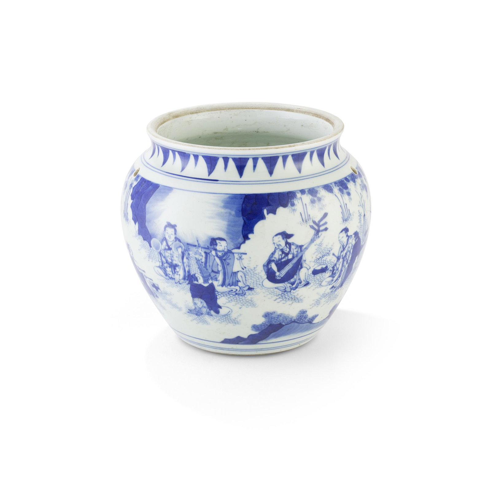 BLUE AND WHITE 'SEVEN SAGES OF THE BAMBOO GROVE': BLUE AND WHITE 'SEVEN SAGES OF THE BAMBOO GROVE' PORRIDGE JAR QING DYNASTY, 18TH-19TH CENTURY 清 青花竹林七賢圖粥罐 decorated on the tapered