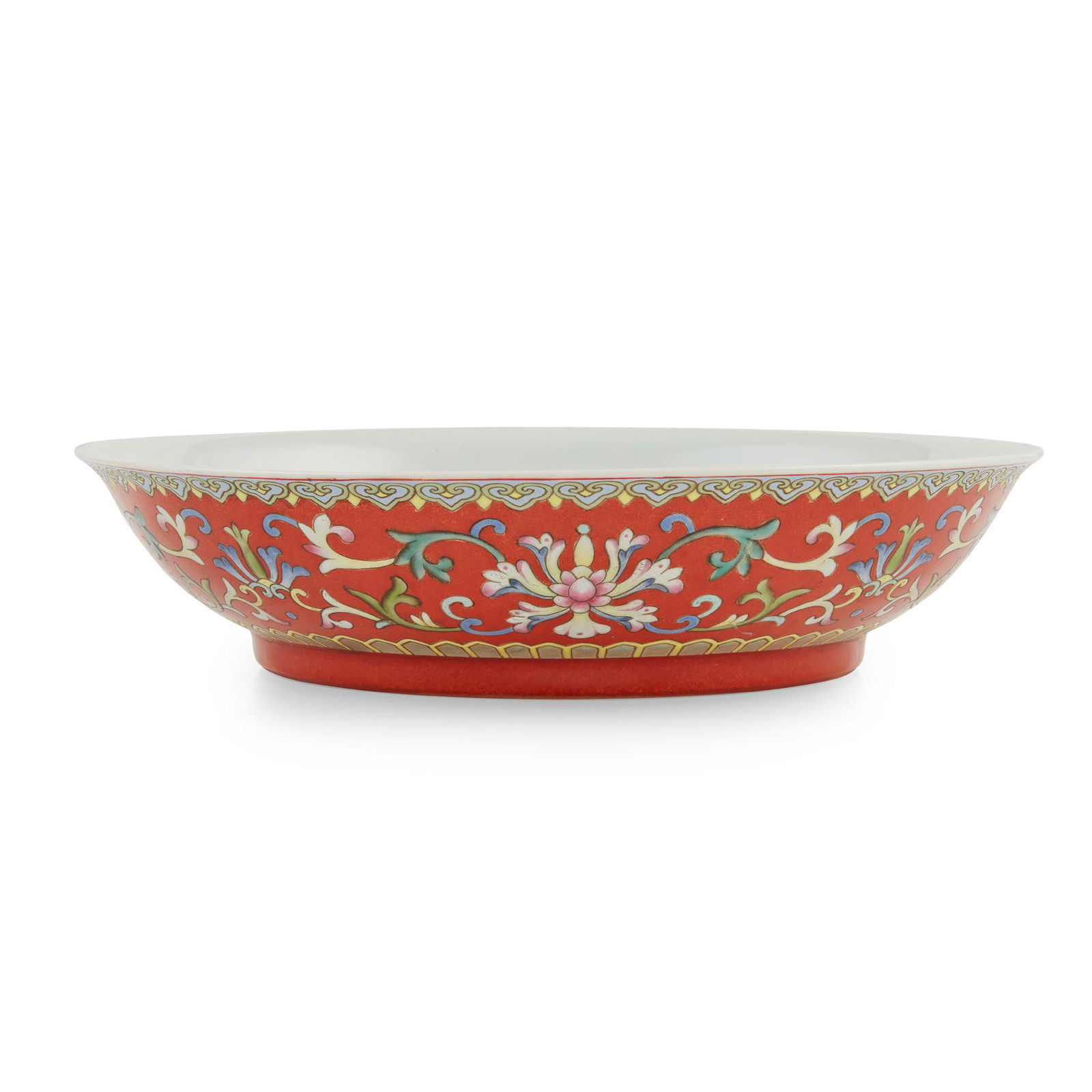 RUBY-RED-GROUND FAMILLE ROSE 'LOTUS AND BAT' PLATE (1 of 3)