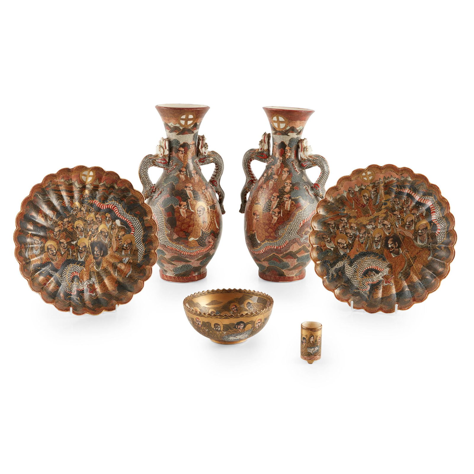 GROUP OF SIX 'RAKAN AND DRAGON' SATSUMA WARES MEIJI (1 of 4)