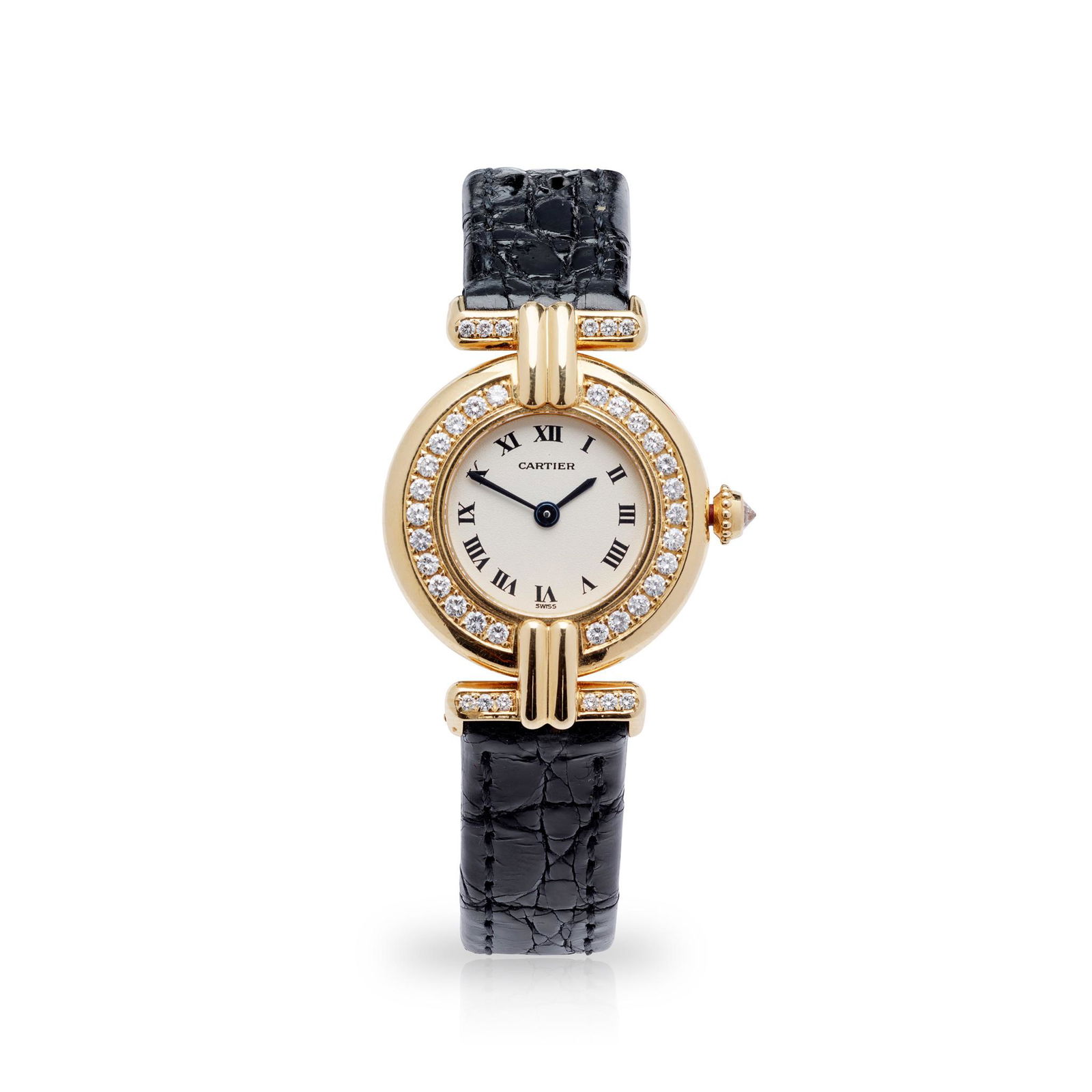 Y Cartier: a diamond set watch: Y Cartier: a diamond set watch Colisee model, case marked 18K, quartz movement, round buff dial with Roman numerals in black, diamond set bezel, diamond-set crown, the caseback with 1980, CC51602, on
