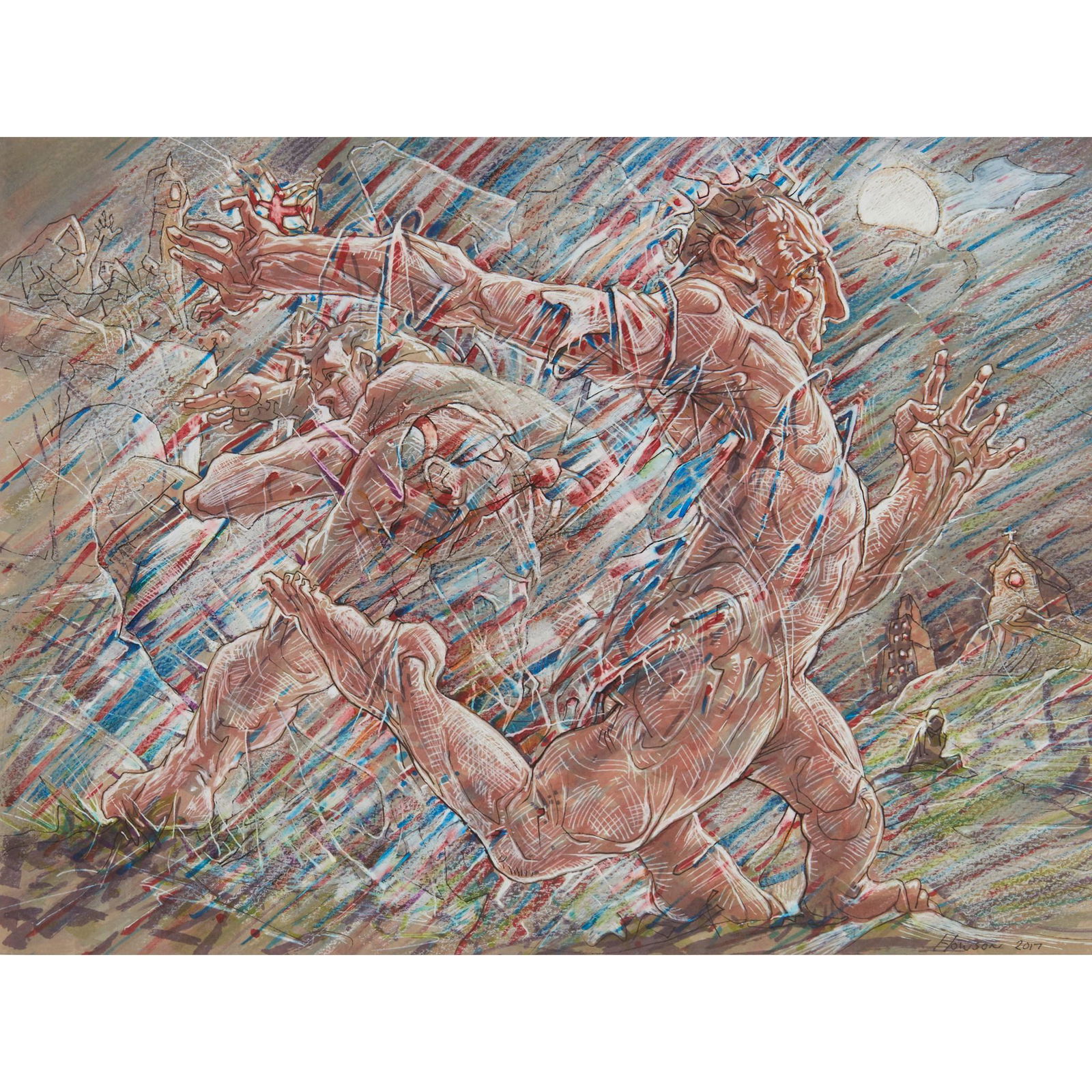 Â§ PETER HOWSON O.B.E. (SCOTTISH 1958-) WAR IN EUROPE, 2017: Â§ PETER HOWSON O.B.E. (SCOTTISH 1958-) WAR IN EUROPE, 2017 Signed and dated lower right, mixed media on paper(22cm x 29.5cm (8.5in x 11.5in))Footnote: Exhibited: 'Spiritus Mundi', The Roger Bilclif