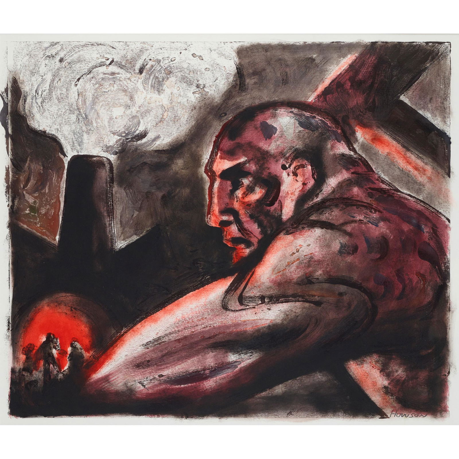 Â§ PETER HOWSON O.B.E. (SCOTTISH 1958-) STEAM AND POWER: Â§ PETER HOWSON O.B.E. (SCOTTISH 1958-) STEAM AND POWER Signed lower right, monotype with overpaint by the artist(53cm x 62cm (21in x 24.5in))