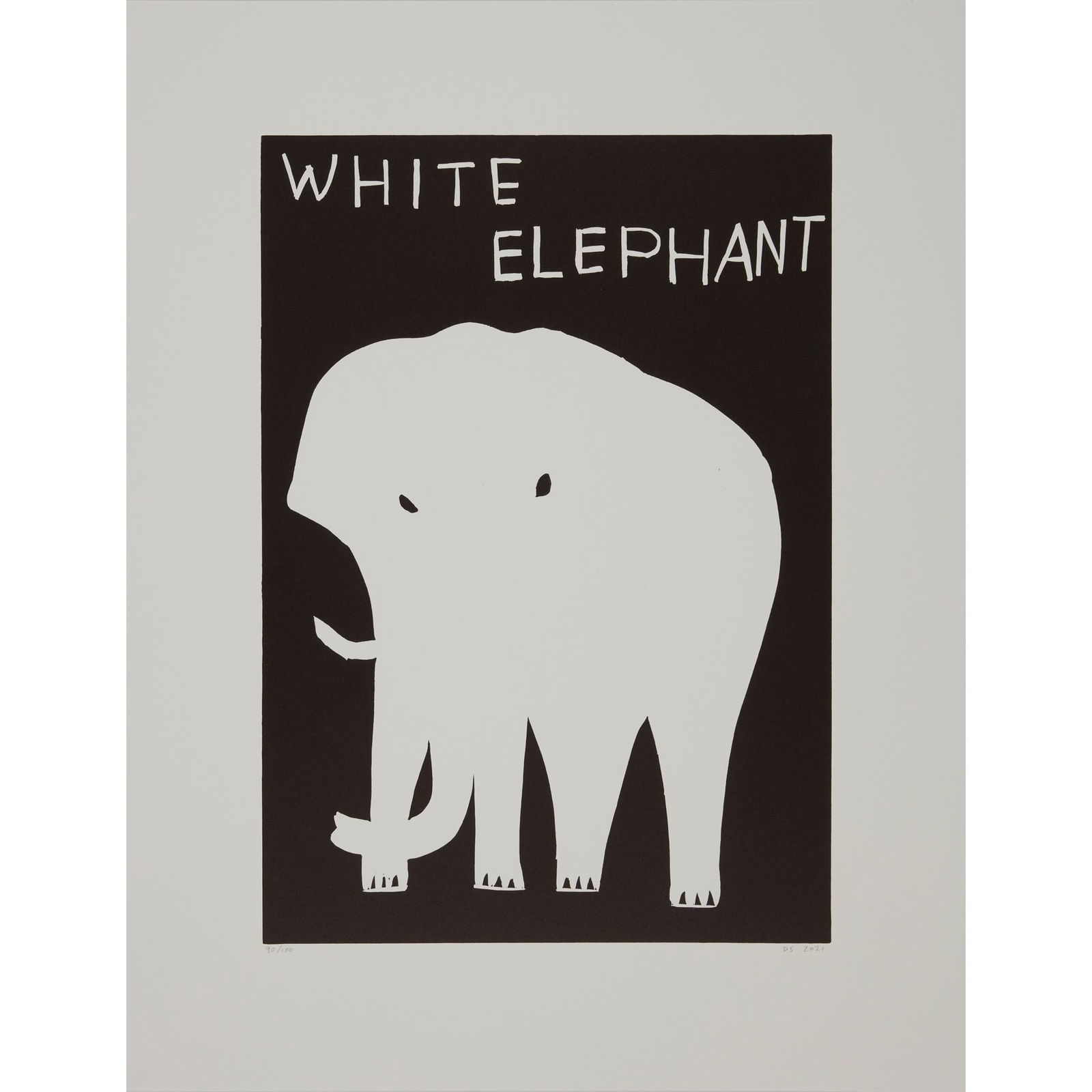 Â§ DAVID SHRIGLEY O.B.E. (BRITISH 1968-) WHITE ELEPHANT - 2021: Â§ DAVID SHRIGLEY O.B.E. (BRITISH 1968-) WHITE ELEPHANT - 2021 Linocut, 90/100, signed with initials, dated and numbered in pencil to margin(the sheet 57cm x 44cm (22.5in x 17.25in), unframed)