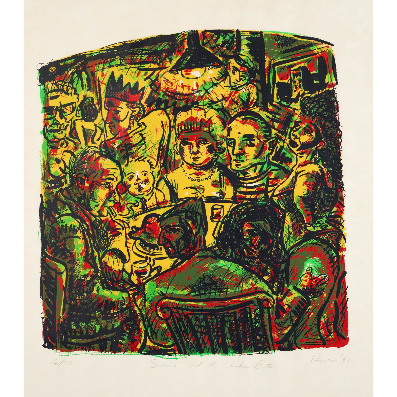 Â§ PETER HOWSON O.B.E. (SCOTTISH 1958-) SALOME AND THE CHICKEN EATERS - 1985: Â§ PETER HOWSON O.B.E. (SCOTTISH 1958-) SALOME AND THE CHICKEN EATERS - 1985 Screenprint, 14/22, signed, titled, dated and numbered in pencil to margin(the sheet 65.5cm x 56.5cm (25.75in x 22.25in))