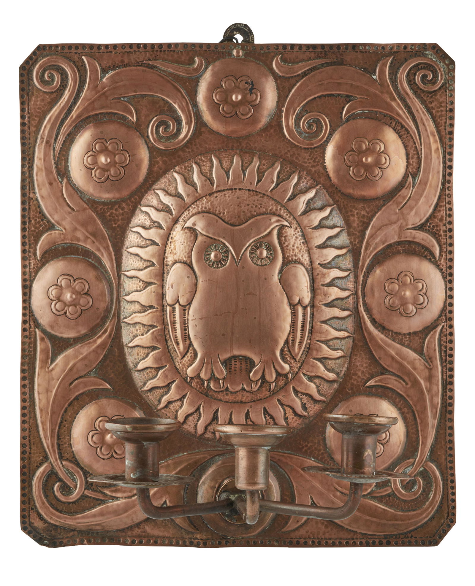 JOHN PEARSON (1859-1930) ARTS & CRAFTS WALL SCONCE, DATED 1896: JOHN PEARSON (1859-1930) ARTS & CRAFTS WALL SCONCE, DATED 1896 copper, chased mark J.P./ 1896 (42.5cm x 36.5cm)