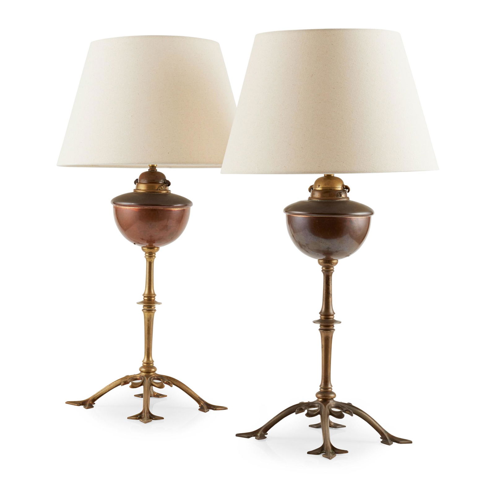 W. A. S. BENSON (1854-1924) PAIR OF ARTS & CRAFTS TABLE LAMPS, CIRCA 1900: W. A. S. BENSON (1854-1924) PAIR OF ARTS & CRAFTS TABLE LAMPS, CIRCA 1900 copper and brass, one stamped BENSON (43cm high to fitting) Qty: (2) Footnote: Literature: Hamerton, I. (ed.) W. A. S. Benson:
