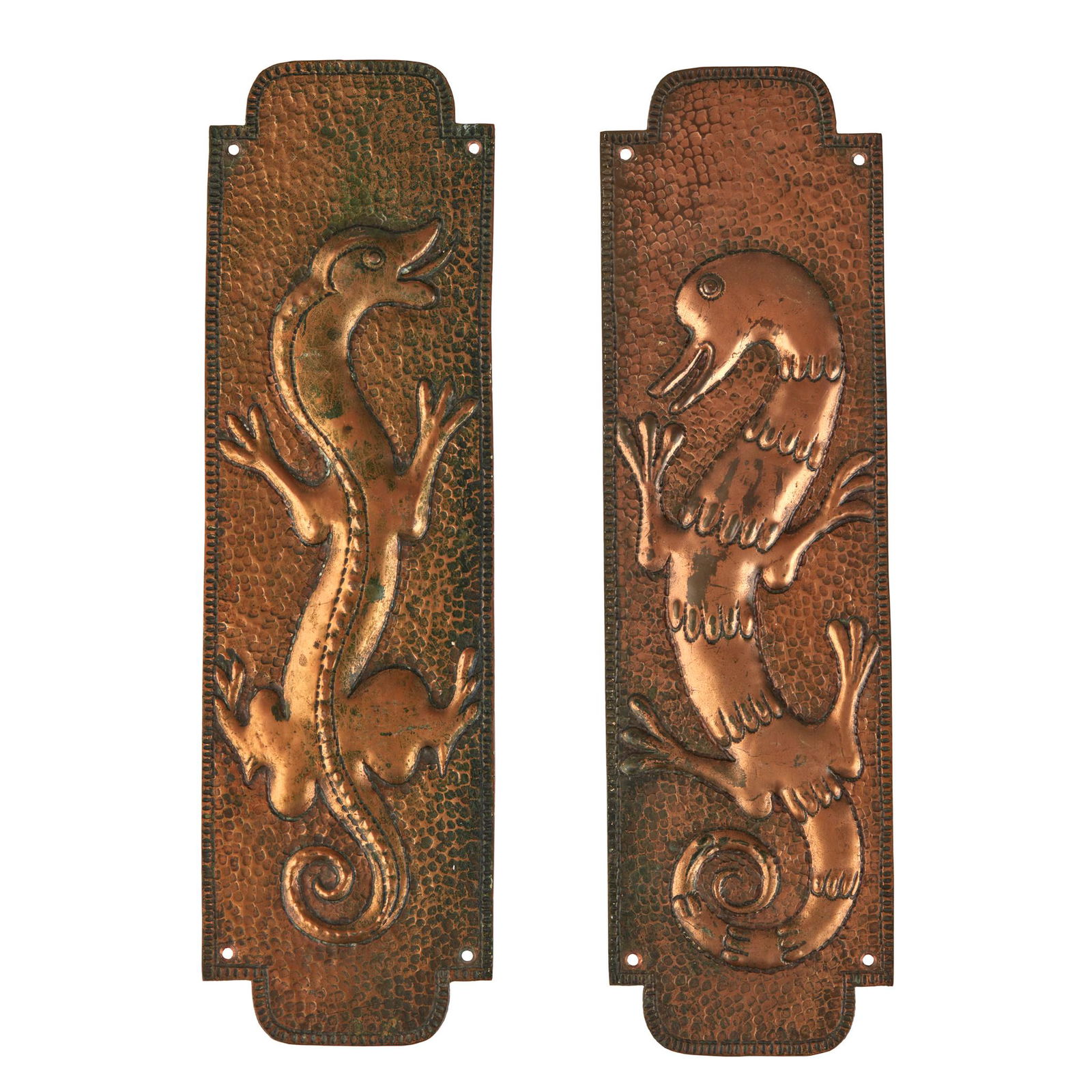 JOHN PEARSON (1859-1930) TWO ARTS & CRAFTS FINGERPLATES, CIRCA 1900: JOHN PEARSON (1859-1930) TWO ARTS & CRAFTS FINGERPLATES, CIRCA 1900 copper, each with incised initials JP verso (30.5cm x 9cm) Qty: (2) Provenance: The Peter Rose and Albert Gallichan Collection