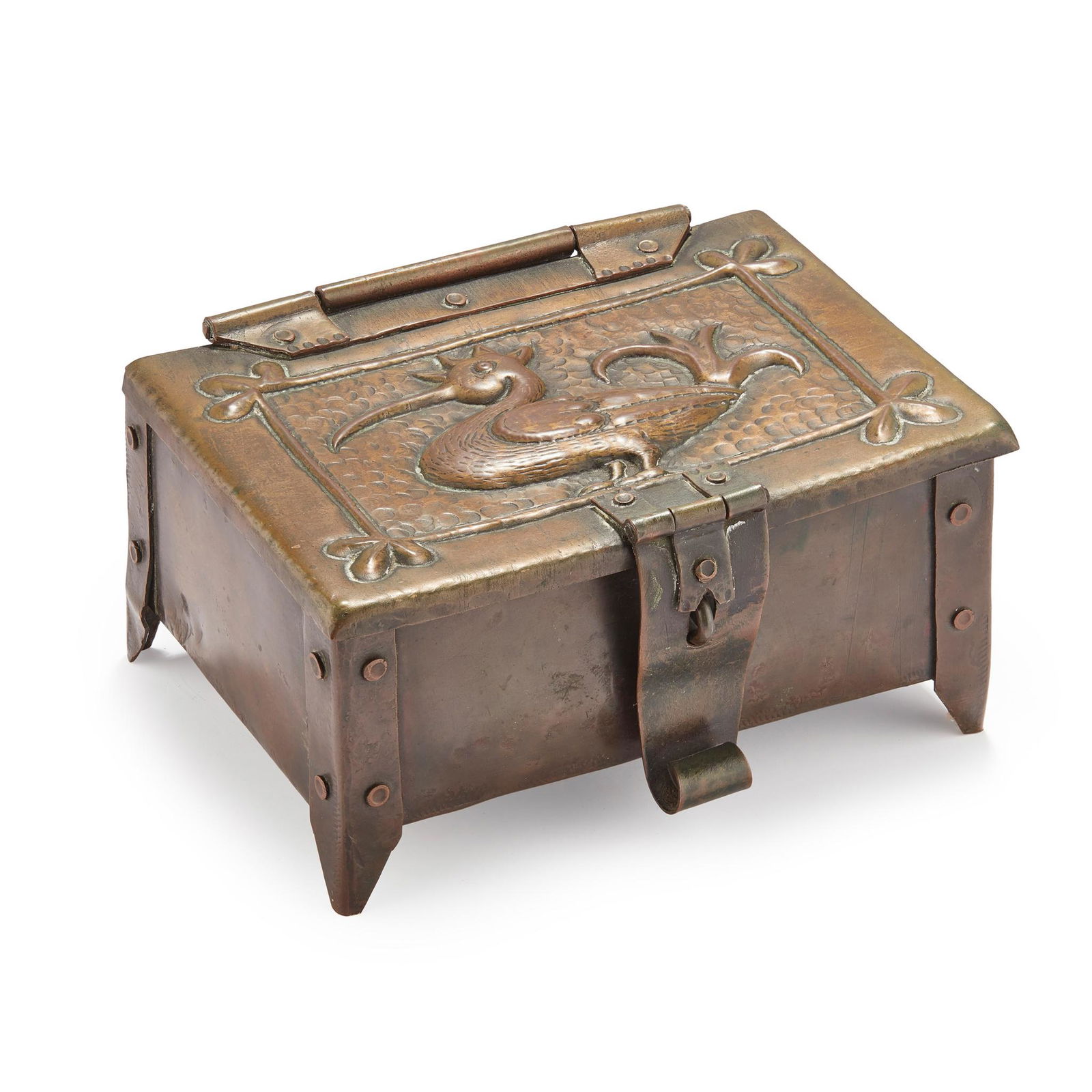 JOHN PEARSON (1859-1930) ARTS & CRAFTS CASKET, DATED 1900: JOHN PEARSON (1859-1930) ARTS & CRAFTS CASKET, DATED 1900 patinated copper with repoussÃ© decoration, incised J.P./ 1900 (15.5cm wide, 8cm high, 12cm deep) Provenance: The Peter Rose and Albert Gall