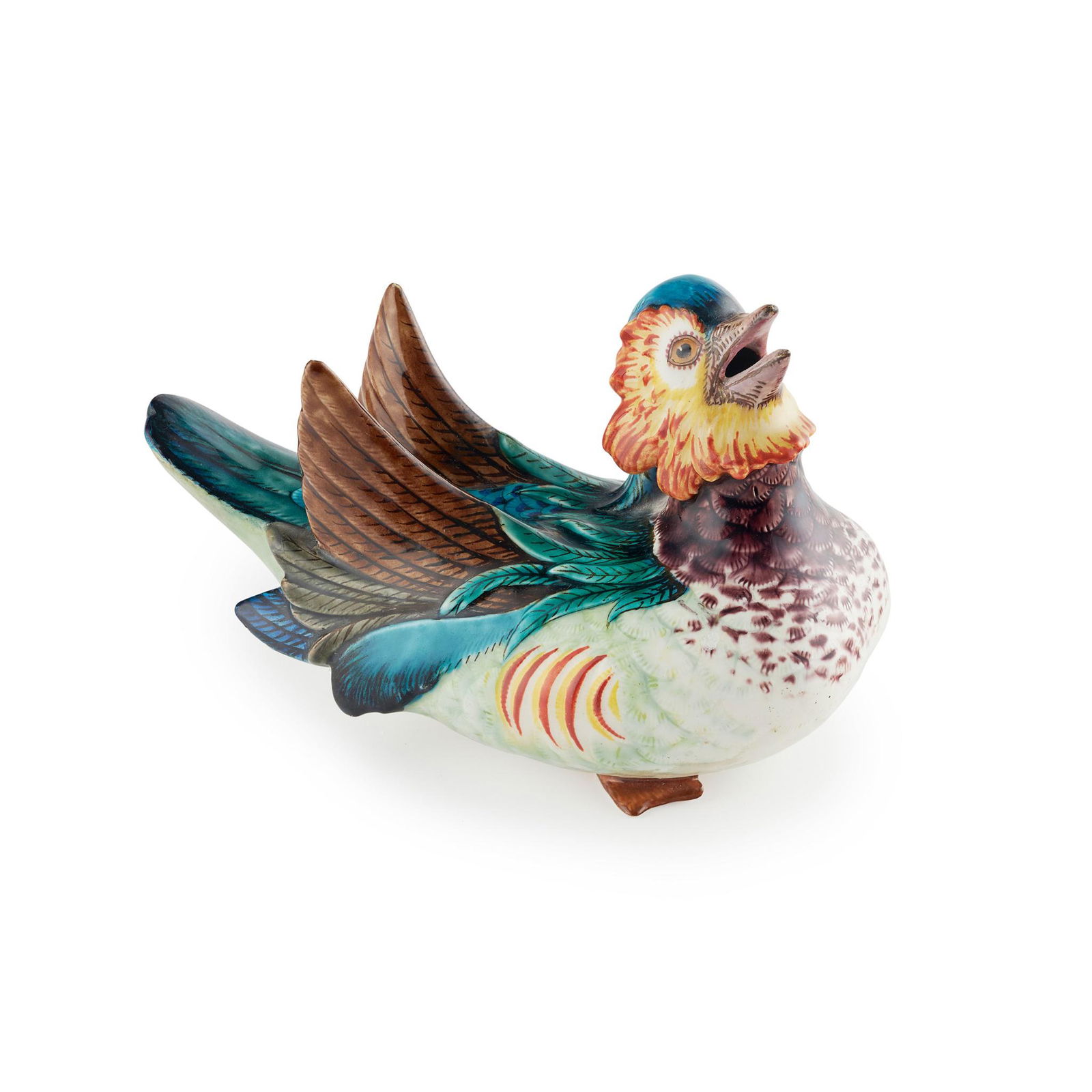 THEODORE DECK (1823-1891) MANDARIN DUCK, CIRCA 1890: THEODORE DECK (1823-1891) MANDARIN DUCK, CIRCA 1890 glazed earthenware, impressed T DECK, 17.8cm long; together with a TWIN-HANDLED VASE, glazed earthenware, 15cm high; and a further SMALL VASE, impre