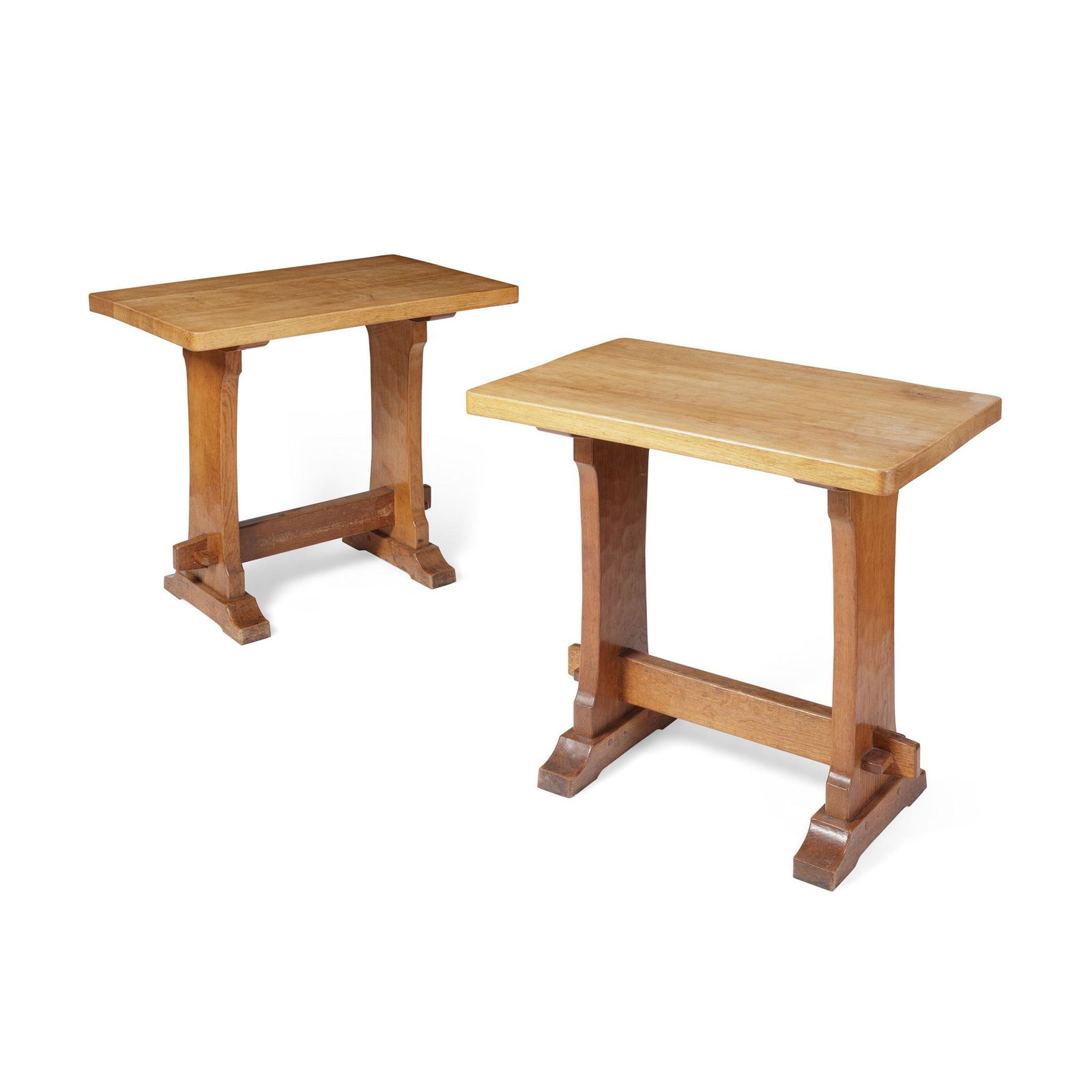 MANNER OF ROBERT 'MOUSEMAN' THOMPSON TWO ARTS & CRAFTS SIDE TABLES, CIRCA 1930: MANNER OF ROBERT 'MOUSEMAN' THOMPSON TWO ARTS & CRAFTS SIDE TABLES, CIRCA 1930 oak (81cm wide, 74cm high, 45cm deep and 86.5cm wide, 74cm high, 56cm deep) Qty: (2)