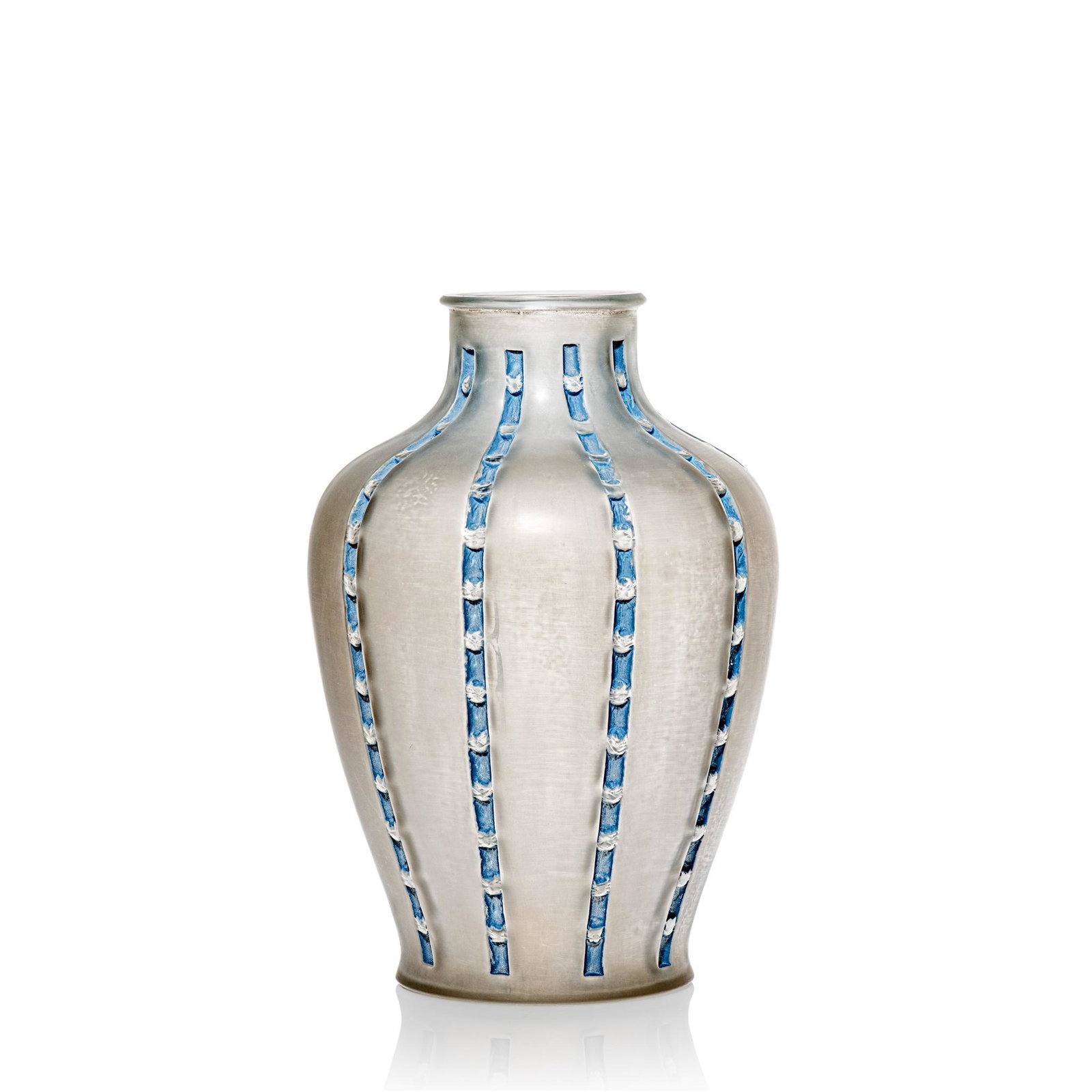 René Lalique (French 1860-1945) BANDES DE ROSES VASE, NO. 910: René Lalique (French 1860-1945) BANDES DE ROSES VASE, NO. 910 designed 1919 frosted and blue stained intaglio R. LALIQUE (24cm (9 1/2in) high)