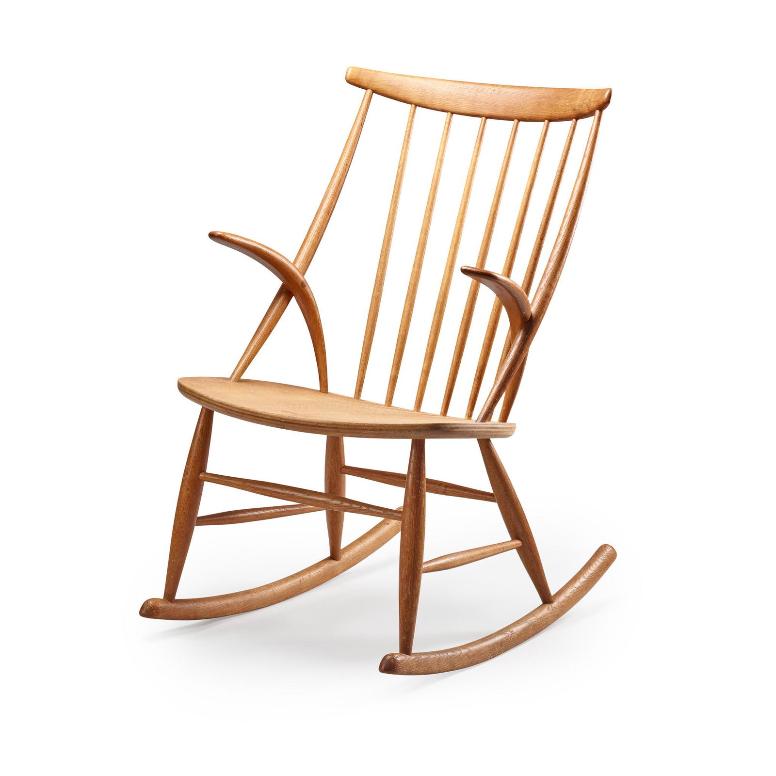 Illum Wikkelsø (Danish 1919-1999) for Niels Eilersen 'Gyngestol No. 3' Rocking Chair, designed: Illum Wikkelsø (Danish 1919-1999) for Niels Eilersen 'Gyngestol No. 3' Rocking Chair, designed 1958 oak(89cm high, 57cm wide, 71cm deep (35in high, 22.5in wide, 28in deep))Literature: Denmark : D