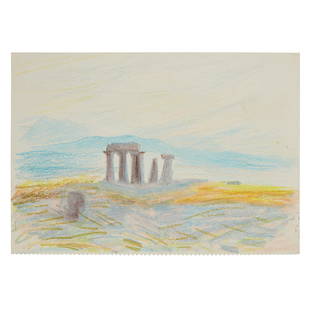 § Winifred Nicholson (British 1893-1981) Temple in Greek Landscape and Mountain Scene / Two: § Winifred Nicholson (British 1893-1981) Temple in Greek Landscape and Mountain Scene / Two Greek pastel on cream paper (double-sided) and pastel on green paper, both unframed(30.2cm x 45.5cm (11