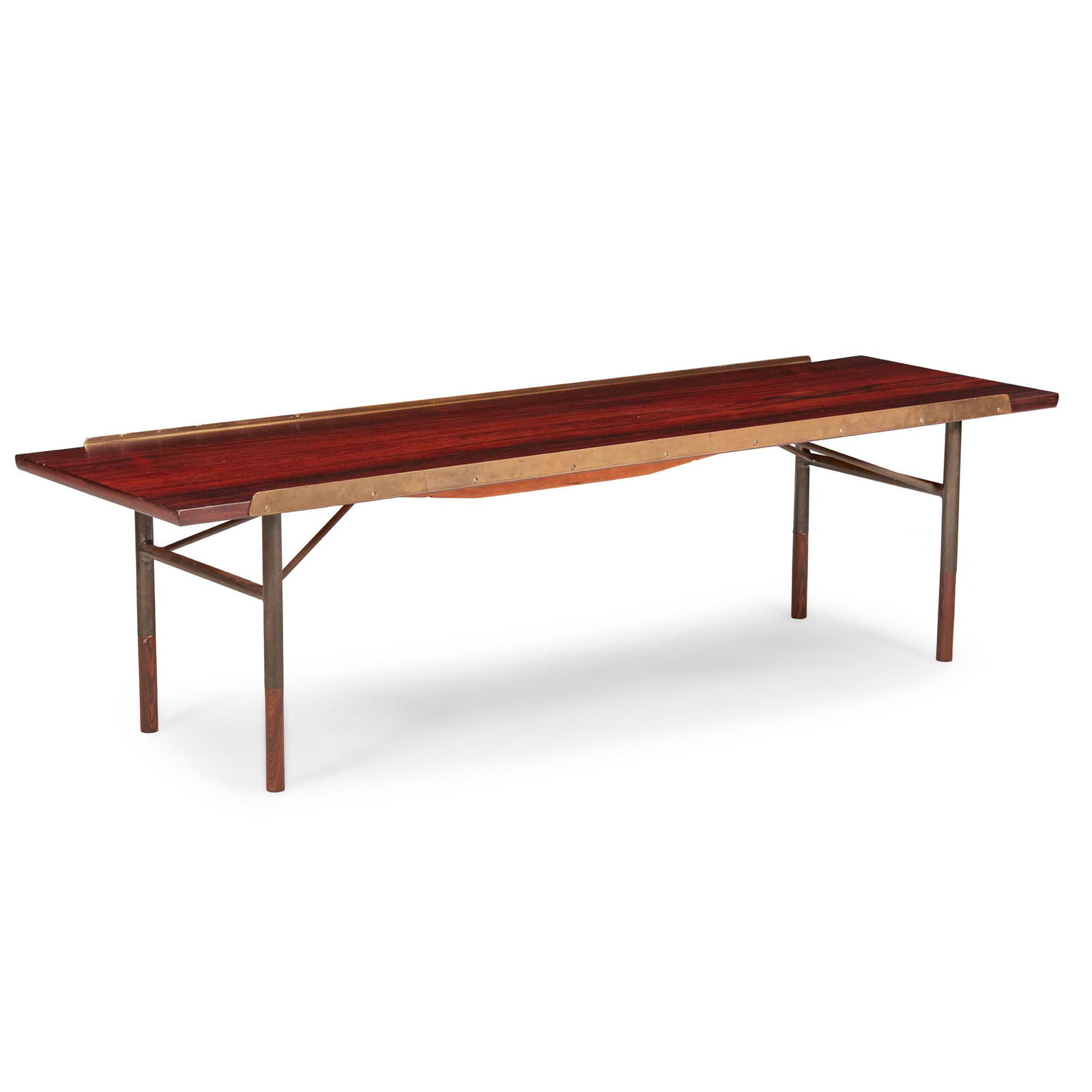 Y Finn Juhl (Danish 1912-1989) for Bovirke BO-101 Bench / Coffee Table, designed circa 1953: Y Finn Juhl (Danish 1912-1989) for Bovirke BO-101 Bench / Coffee Table, designed circa 1953 rosewood, enamelled steel and brass(41cm high, 150cm wide, 45.5cm deep (16.1in high, 59in wide, 17.9in deep)