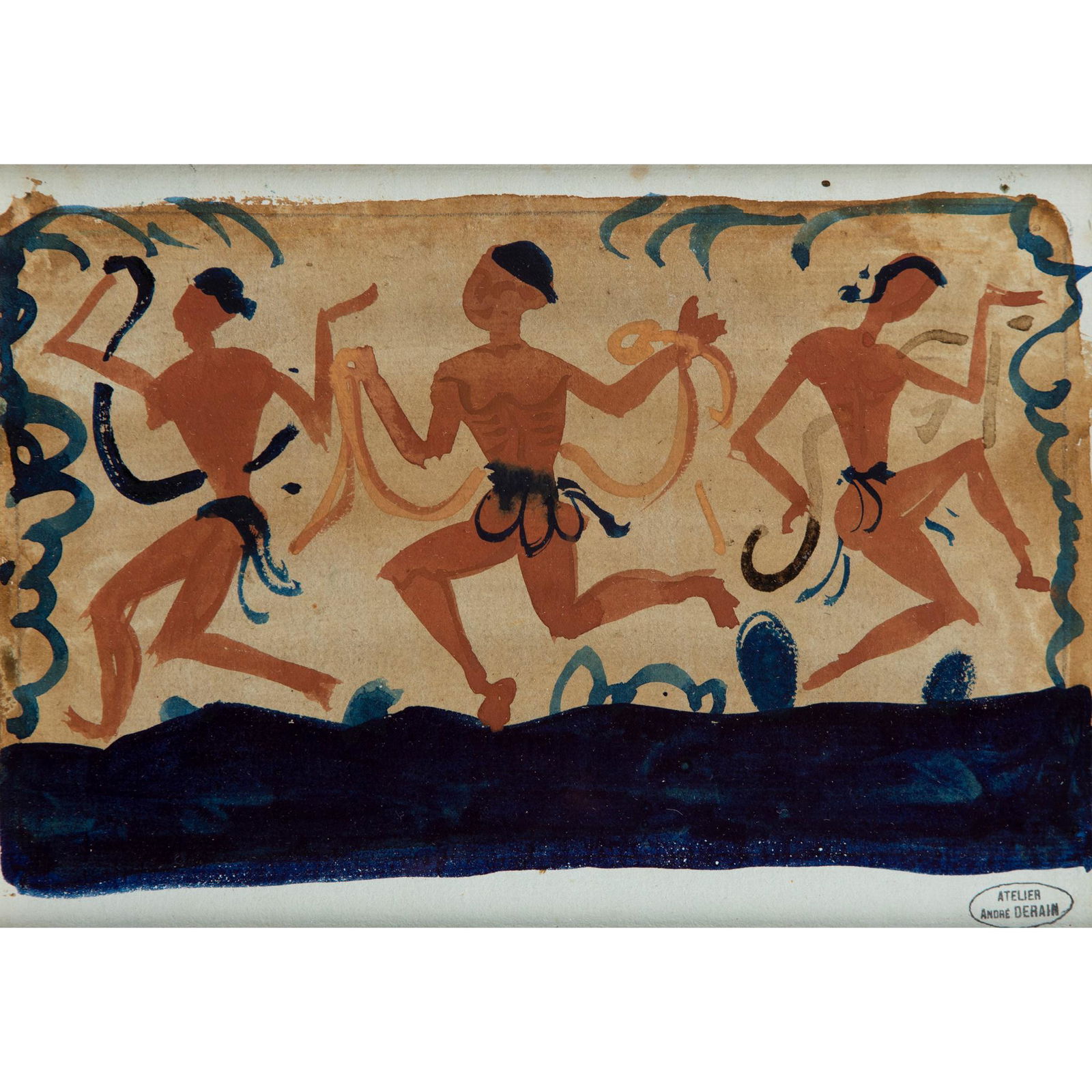 § Andre Derain (French 1880-1954) Saraband: § Andre Derain (French 1880-1954) Saraband artist atelier stamp (lower right), watercolour and gouache(16.5cm high x 23.5in wide (6.5in x 9.25in))Provenance: Mr and Mrs Patrick Hall; Victor Waddi