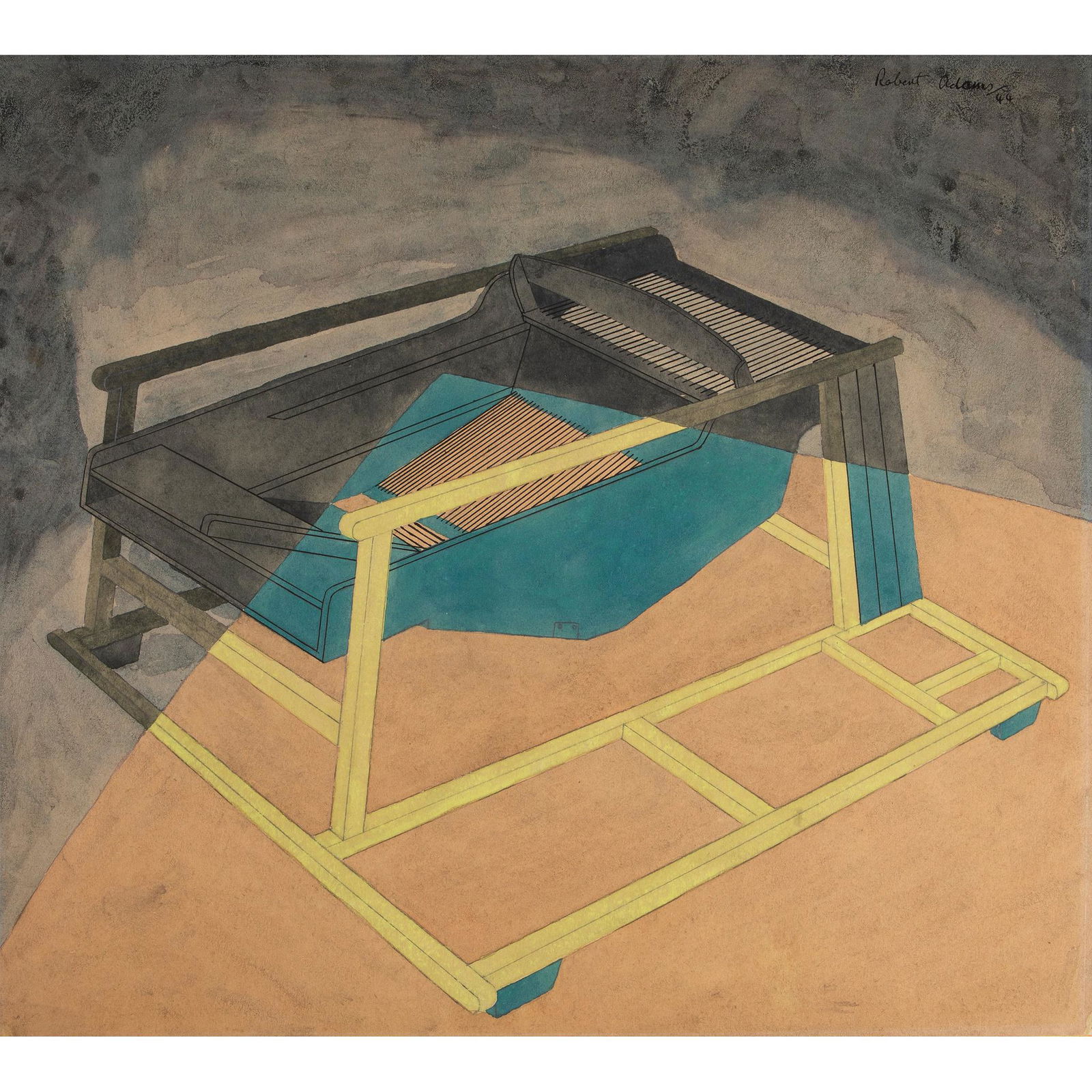 § Robert Adams (British 1917-1984) Agricultural Machinery, 1944: § Robert Adams (British 1917-1984) Agricultural Machinery, 1944 signed and dated in pen (upper right), pen, pencil and watercolour(the sheet 37.7cm x 42cm (14.9in x 16.5in), unframed)Provenance: