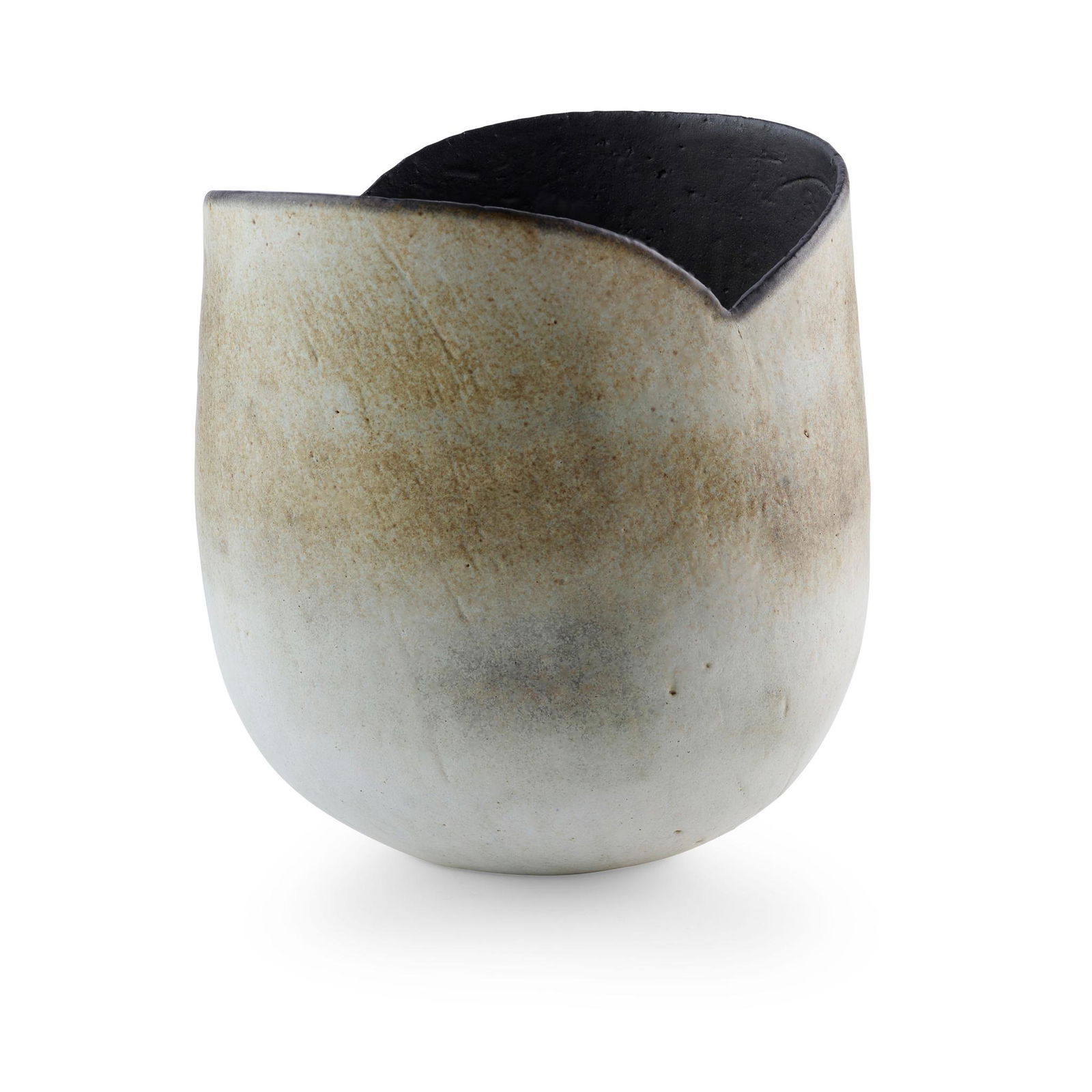 § John Ward (British 1938-) Vessel: § John Ward (British 1938-) Vessel impressed artist's seal, mottled white glaze, and black interior(14.5cm high, 13.3cm wide (5.75in high, 5.25in wide))