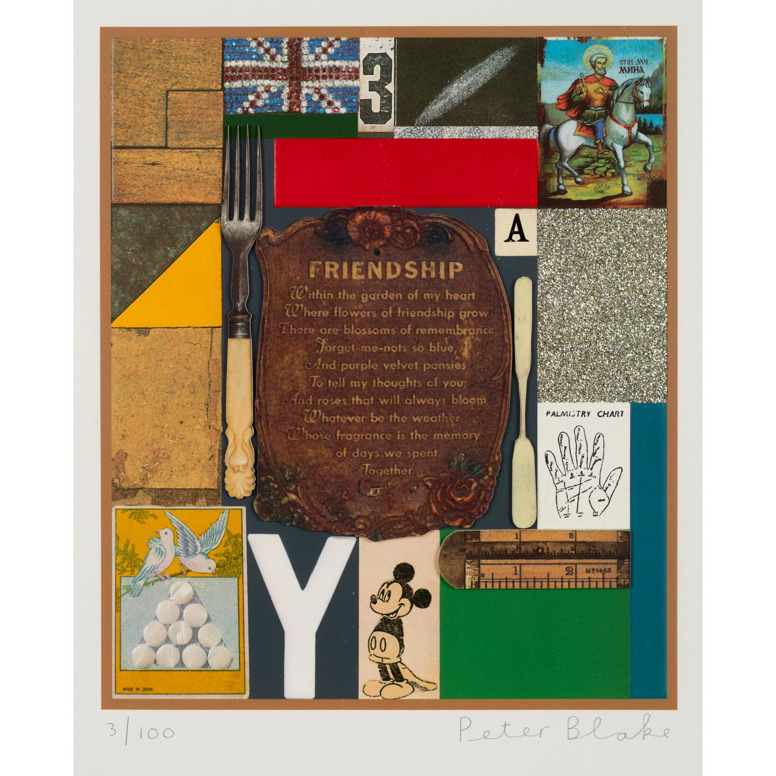 § Sir Peter Blake C.B.E., R.A. (British 1932-) Friendship: § Sir Peter Blake C.B.E., R.A. (British 1932-) Friendship 3/100, signed and numbered in pencil (in the margin), screenprint in colour with glitter, collage and embossed elements, from the Wooden