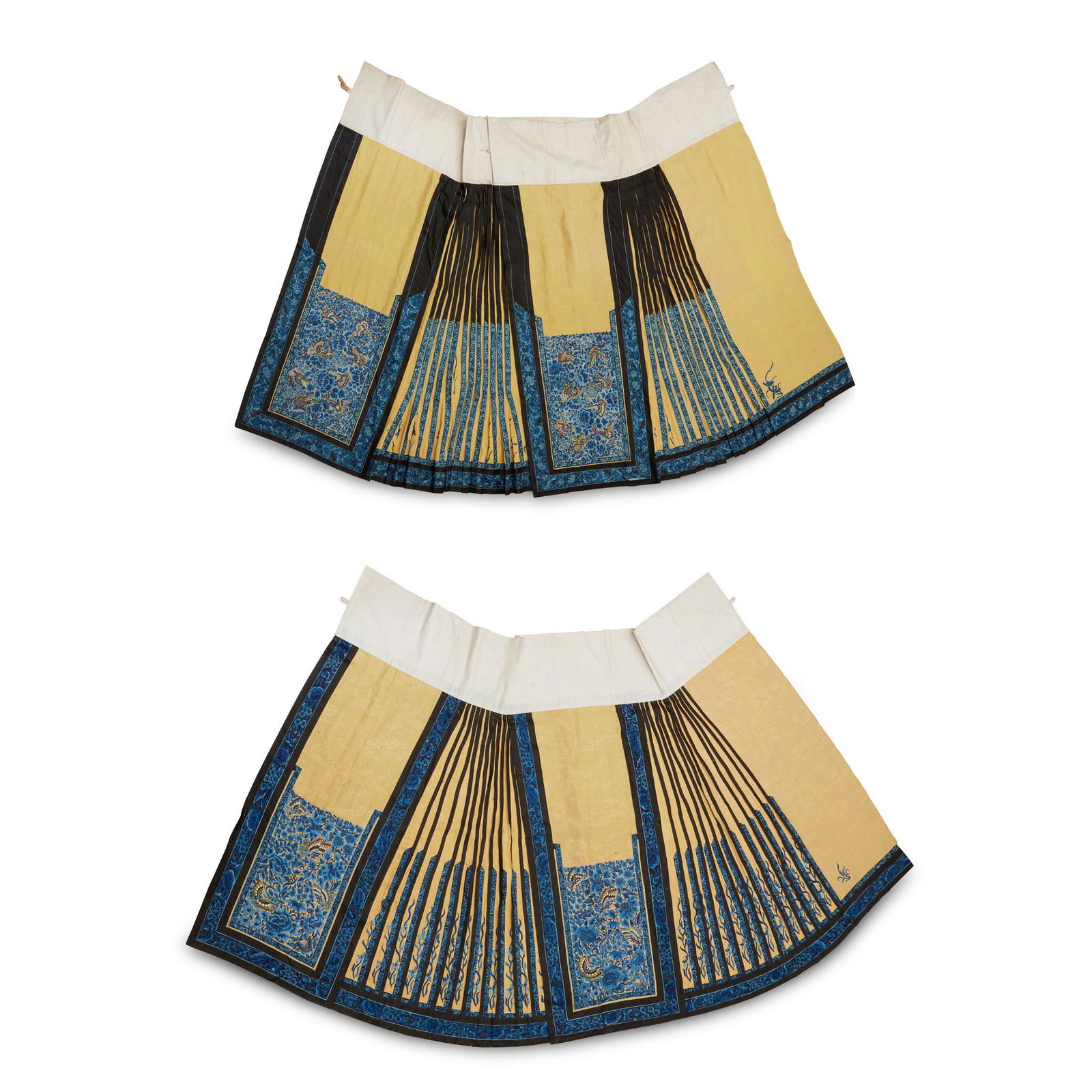 TWO HAN CHINESE WOMAN'S EMBROIDERED YELLOW SILK PLEATED SKIRTS LATE QING DYNASTY-REPUBLIC PERIOD, (1 of 5)