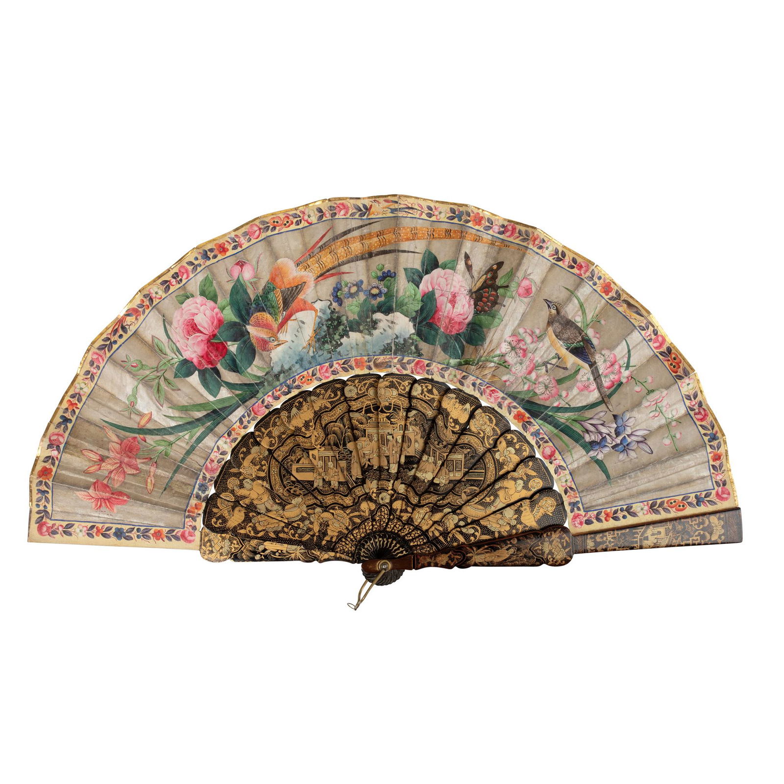 CANTON LACQUERED AND PAPER 'BIRDS AND FLOWER' FAN QING DYNASTY, 19TH CENTURY (1 of 2)