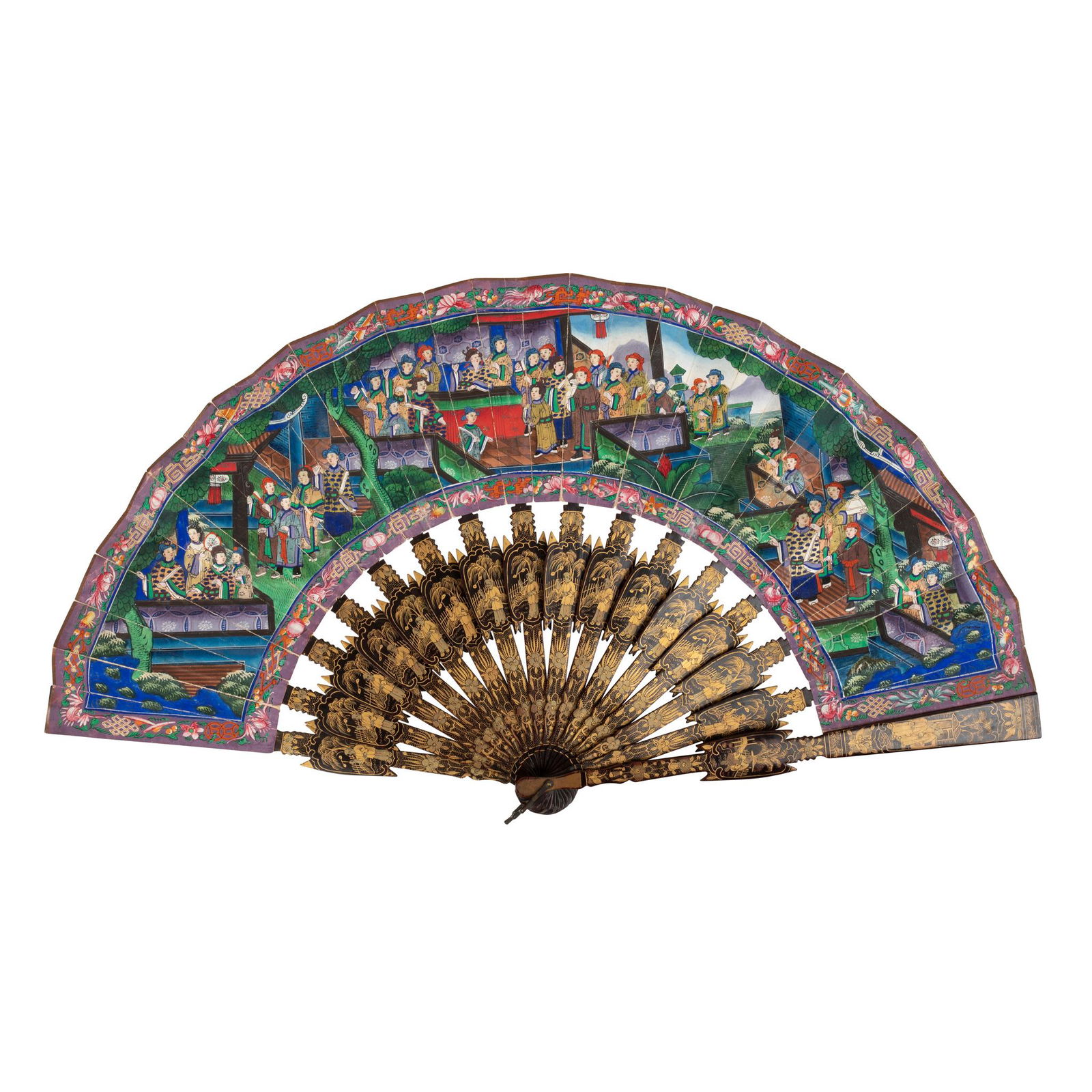 CANTON LACQUERED AND PAPER 'THOUSAND FACES' FAN QING DYNASTY, 19TH CENTURY (1 of 2)
