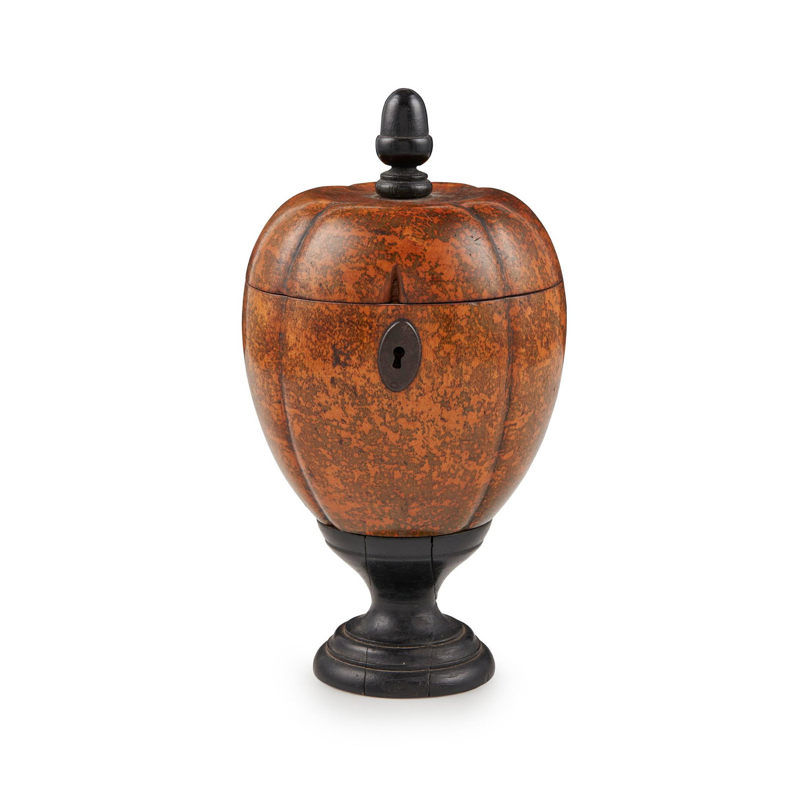 GEORGE III STAINED FRUITWOOD MELON-FORM TEA CADDY LATE 18TH CENTURY: GEORGE III STAINED FRUITWOOD MELON-FORM TEA CADDY LATE 18TH CENTURY with an ebonised acorn finial and turned foot, opening to a void interior (21cm high)