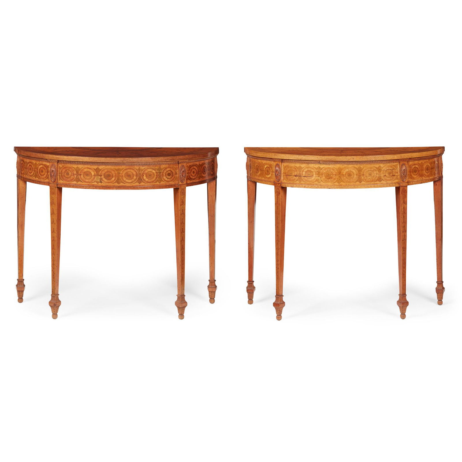 â—† PAIR OF GEORGE III SATINWOOD AND MARQUETRY DEMILUNE CONSOLE TABLES, ATTRIBUTED TO THOMAS: â—† PAIR OF GEORGE III SATINWOOD AND MARQUETRY DEMILUNE CONSOLE TABLES, ATTRIBUTED TO THOMAS CHIPPENDALE CIRCA 1760 the semi-elliptical tops inlaid with fan medallions and wide bands of leaves an