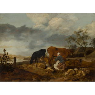 MANNER OF PAULUS POTTER MILKING-TIME: MANNER OF PAULUS POTTER MILKING-TIME Oil on panel (52cm x 72cm (20.5in x 28.25in)) Provenance: Property of an Edinburgh collector