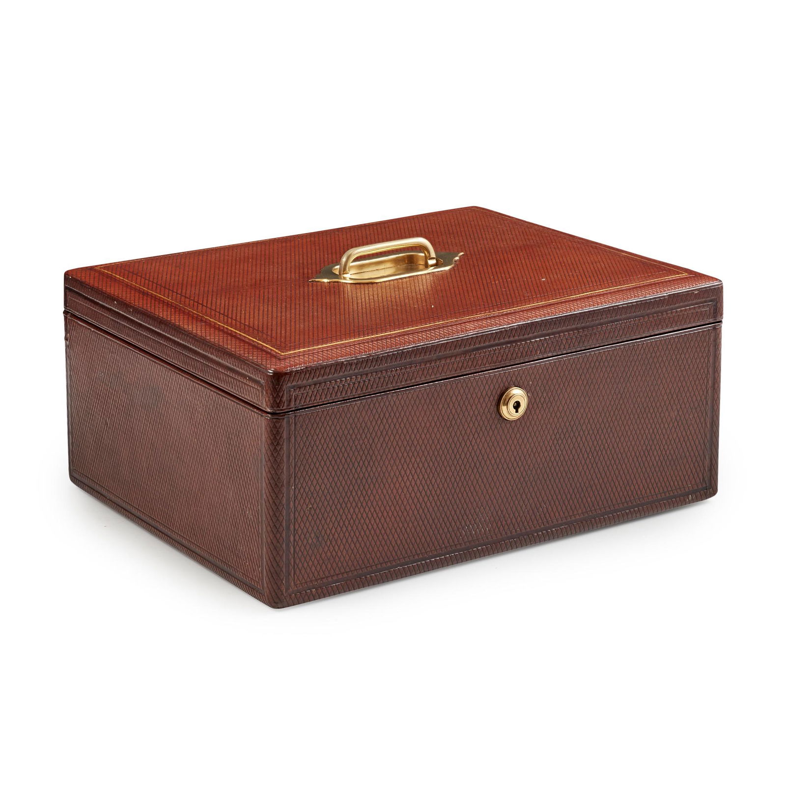 LATE VICTORIAN TOOLED LEATHER JEWELLERY BOX, BY HUNT & ROSKELL, LONDON LATE 19TH CENTURY: LATE VICTORIAN TOOLED LEATHER JEWELLERY BOX, BY HUNT & ROSKELL, LONDON LATE 19TH CENTURY the trellis embossed brown leather case with a brass handle-plate engraved A.H.A, opening to blue lined interio