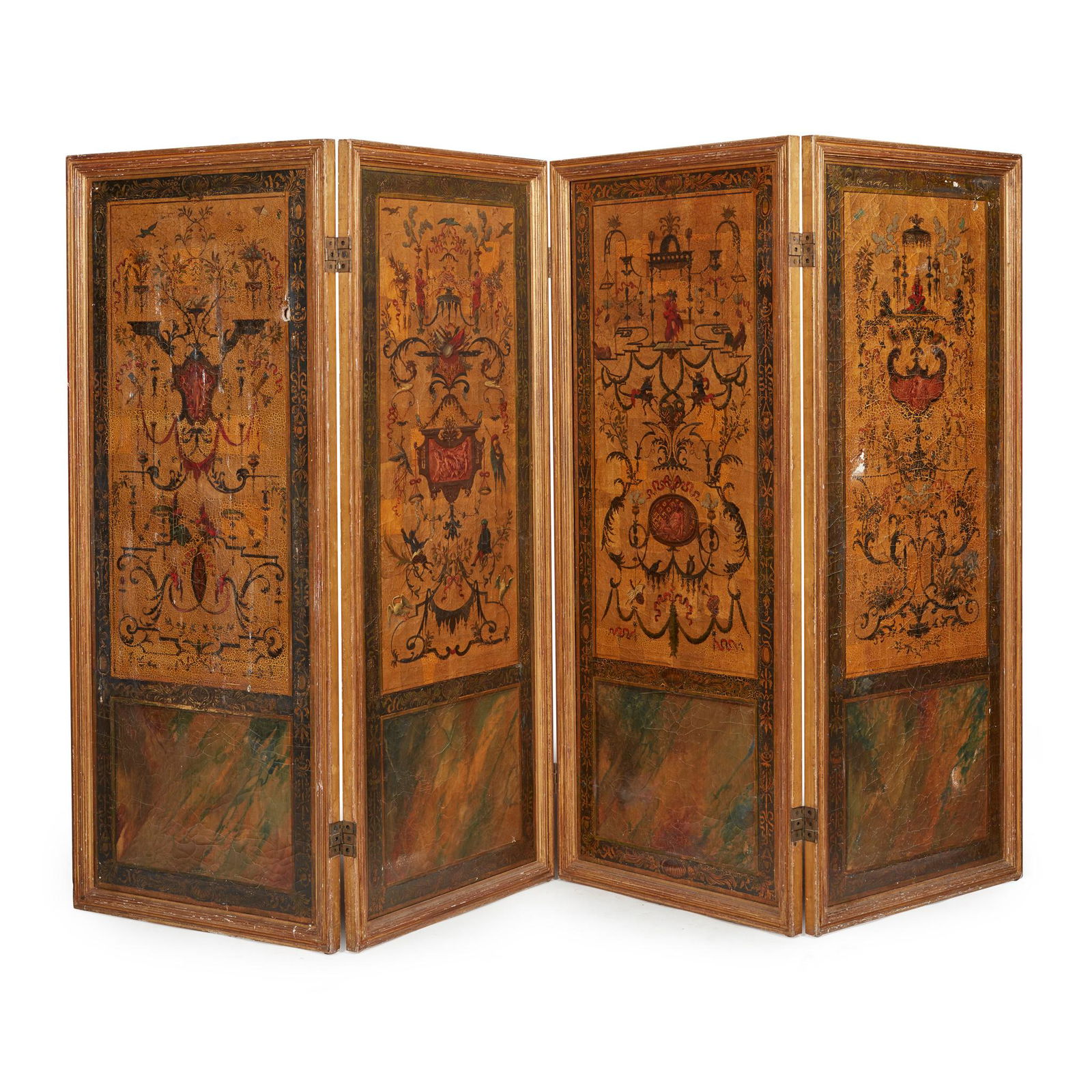 CONTINENTAL PAINTED AND GILT FOUR-FOLD SCREEN 19TH CENTURY: CONTINENTAL PAINTED AND GILT FOUR-FOLD SCREEN 19TH CENTURY each panel painted in the manner of Jean Berain, in giltwood frames, with a fabric lined back, now distressed (280cm wide, 168cm high)
