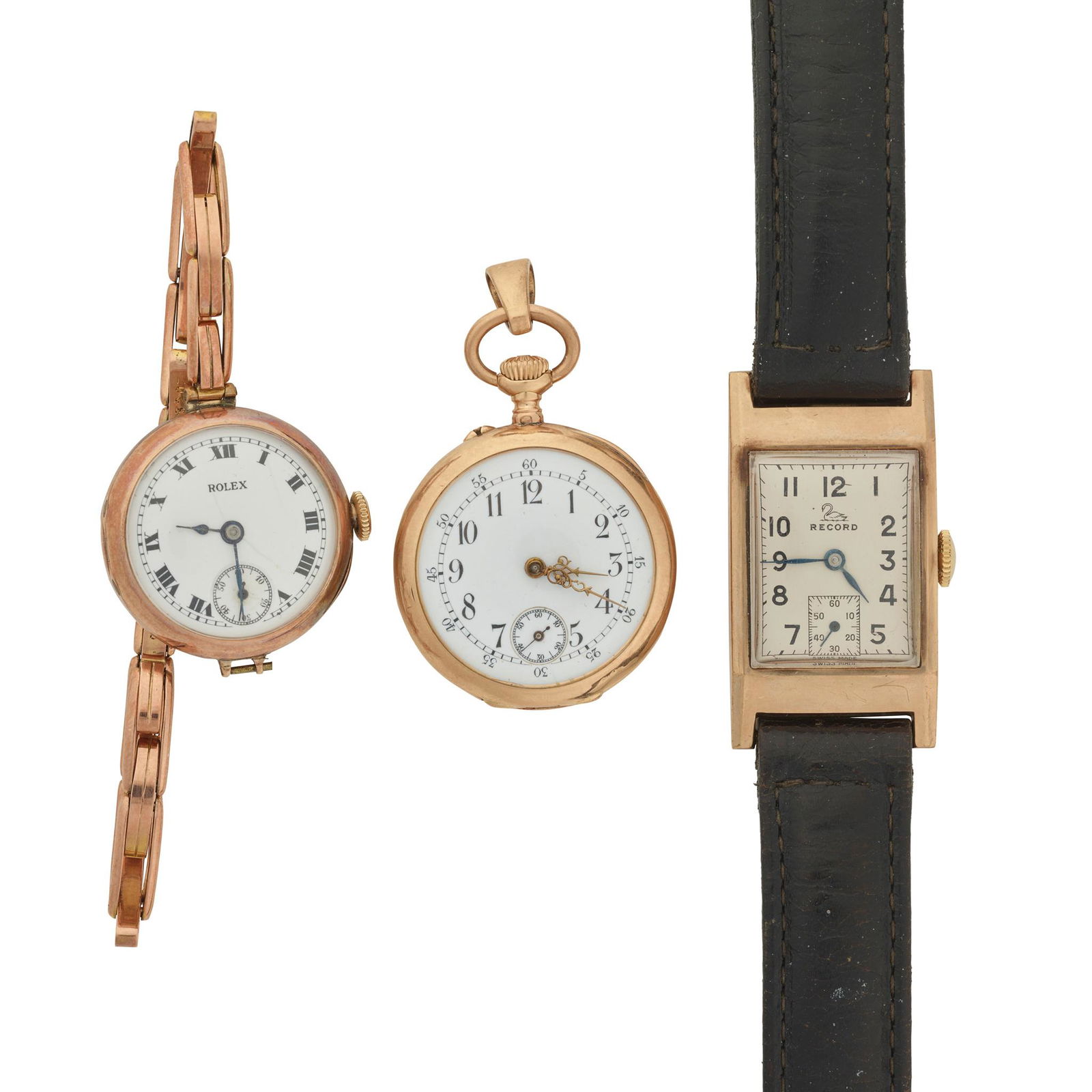 Three early 20th-century watches: Three early 20th-century watches comprising a Vacheron Constantin fob watch, the case marked 0.750; an early 20th-century 9ct gold Rolex bracelet watch and a 9ct gold Art Deco Record wrist watch, all