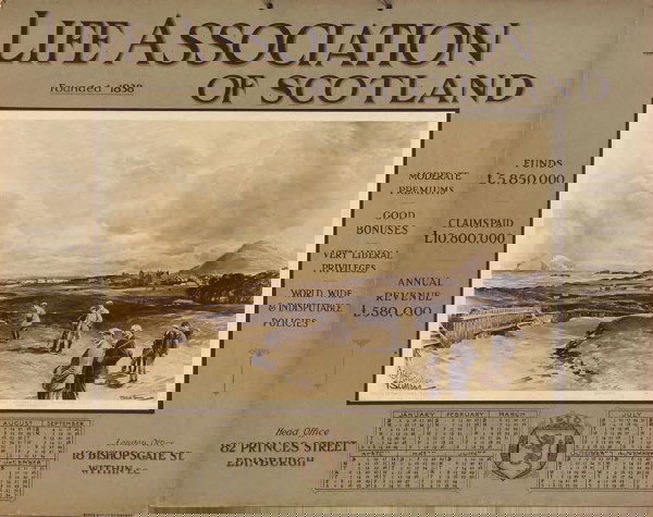 A Life Association of Scotland Calendar, 1910,: decorated with a sepia reproduction after Michael Brown, depicting North Berwick Links - Perfection Bunker