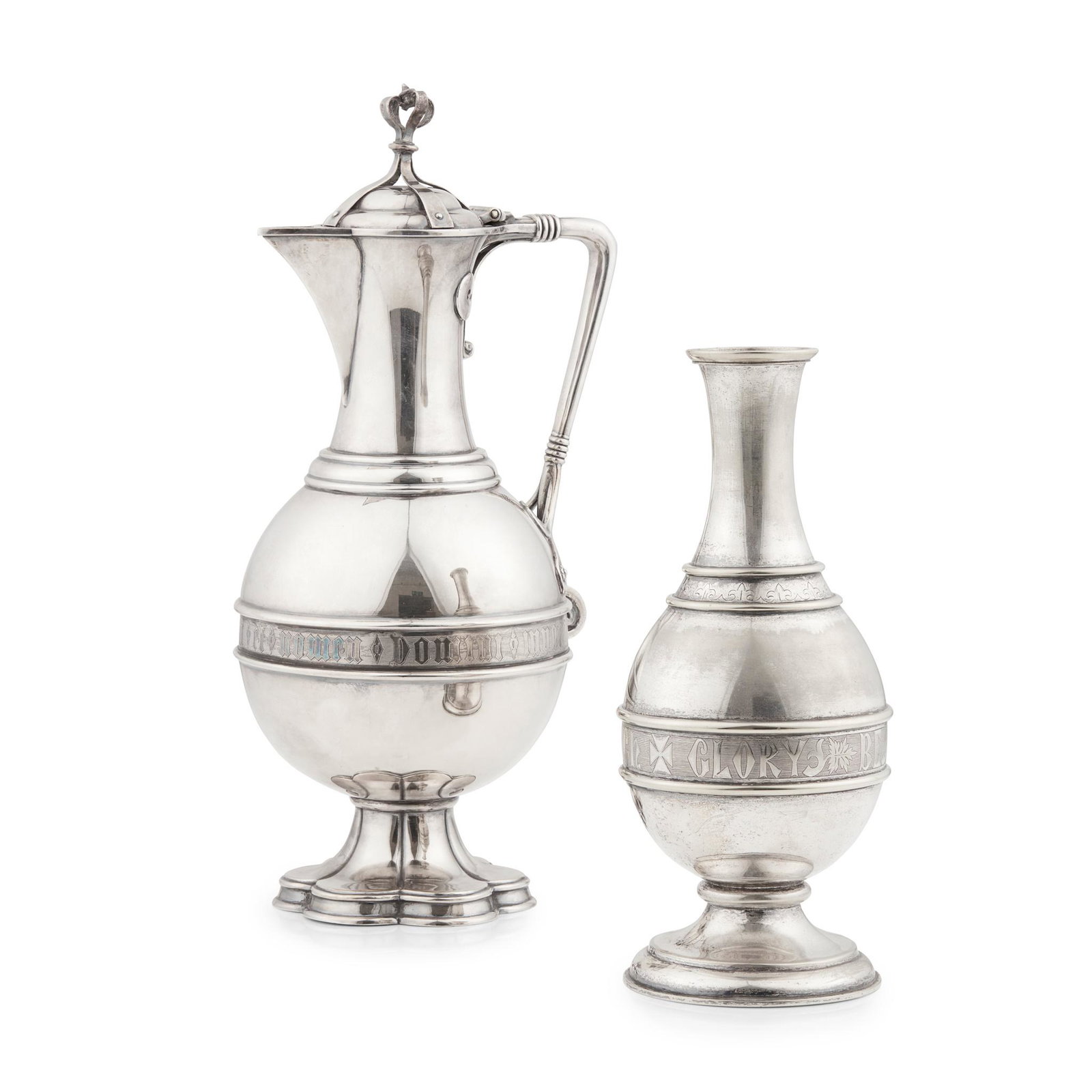 ELKINGTON & CO., BIRMINGHAM GOTHIC REVIVAL FLAGON, CIRCA 1880: ELKINGTON & CO., BIRMINGHAM GOTHIC REVIVAL FLAGON, CIRCA 1880 engraved silver plate, stamped to base ELKINGTON & CO, 32cm high; together with a GOTHIC REVIVAL VASE, engraved silver plate, unmarked, 22