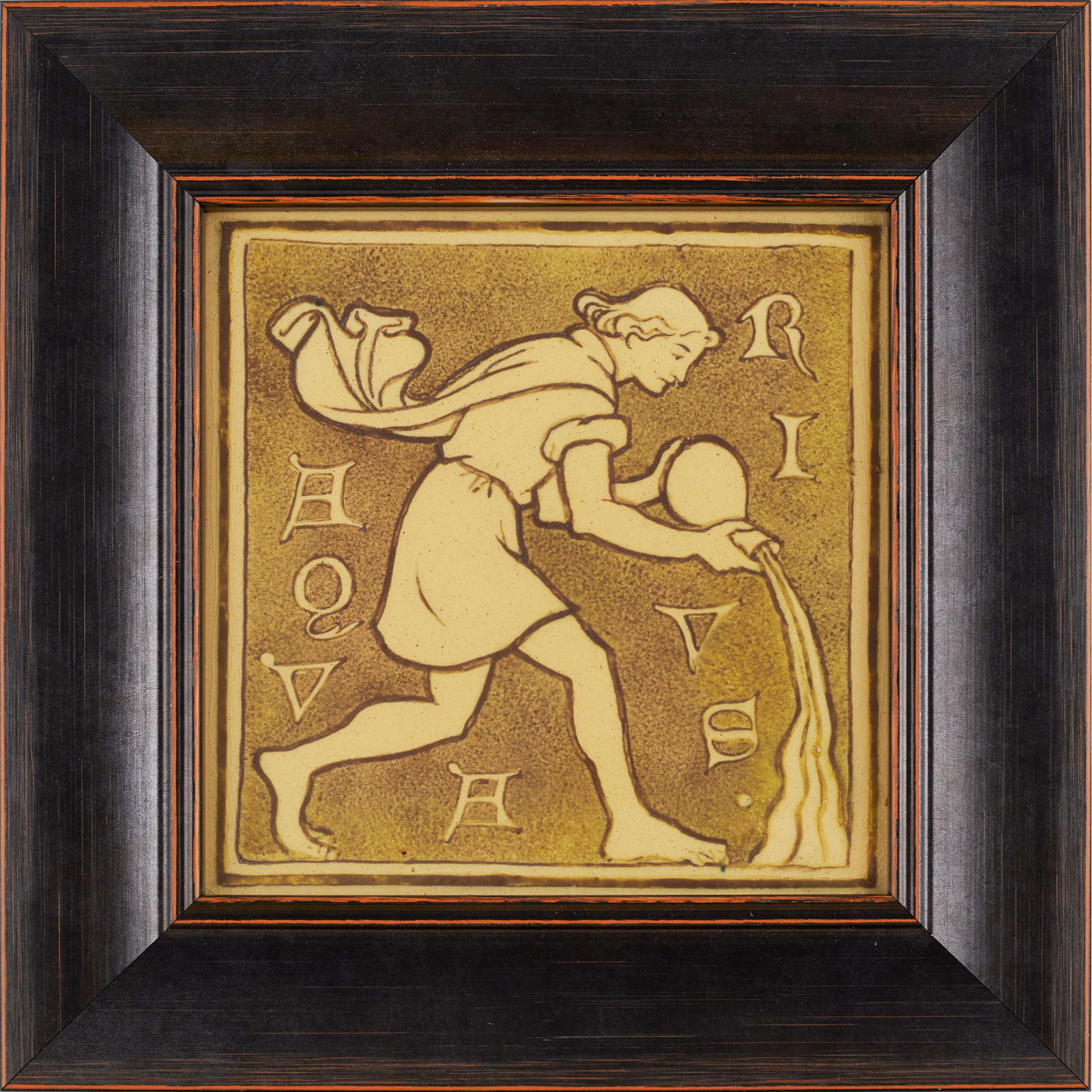 WILLIAM BURGES (1827-1881) FOR W. B. SIMPSON & SONS ‘AQUARIUS’, FRAMED ZODIAC TILE, (1 of 2)