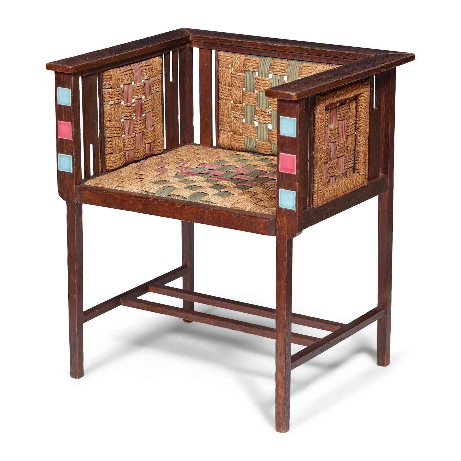 HANS VOLLMER (1878-1969) FOR PRAG-RUDNIKER, VIENNATUB ARMCHAIR, CIRCA 1900: HANS VOLLMER (1878-1969) FOR PRAG-RUDNIKER, VIENNATUB ARMCHAIR, CIRCA 1900 oak, ceramic, rush and wicker(62cm wide, 71cm high, 51.5cm deep)