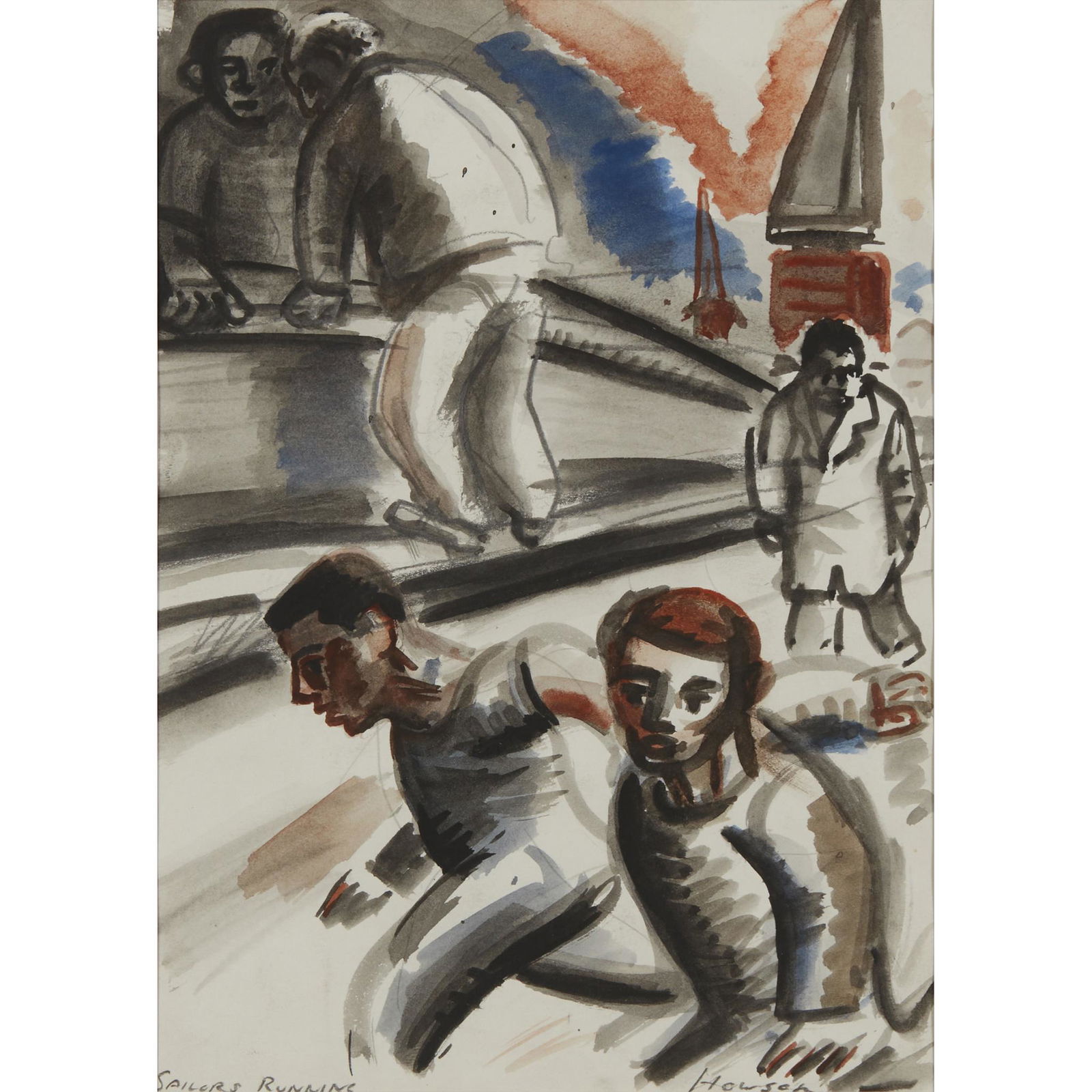 Â§ PETER HOWSON O.B.E. (SCOTTISH 1958-) SAILORS RUNNING: Â§ PETER HOWSON O.B.E. (SCOTTISH 1958-) SAILORS RUNNING Signed lower right and inscribed lower left, pencil and watercolour, companion, 'The Windmill', woodcut (23cm x 16.25cm (9in x 6.5in); 16.25cm