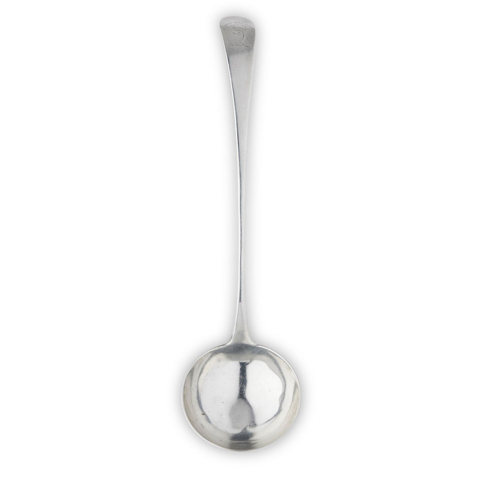 ABERDEEN – A SCOTTISH PROVINCIAL LADLE JAMES SMITH: ABERDEEN – A SCOTTISH PROVINCIAL LADLE JAMES SMITH marked IS, ABD, of Old English pattern with engraved crest and motto to terminal and deep circular bowl(34.5cm long, 7oz)Heraldry With crest an