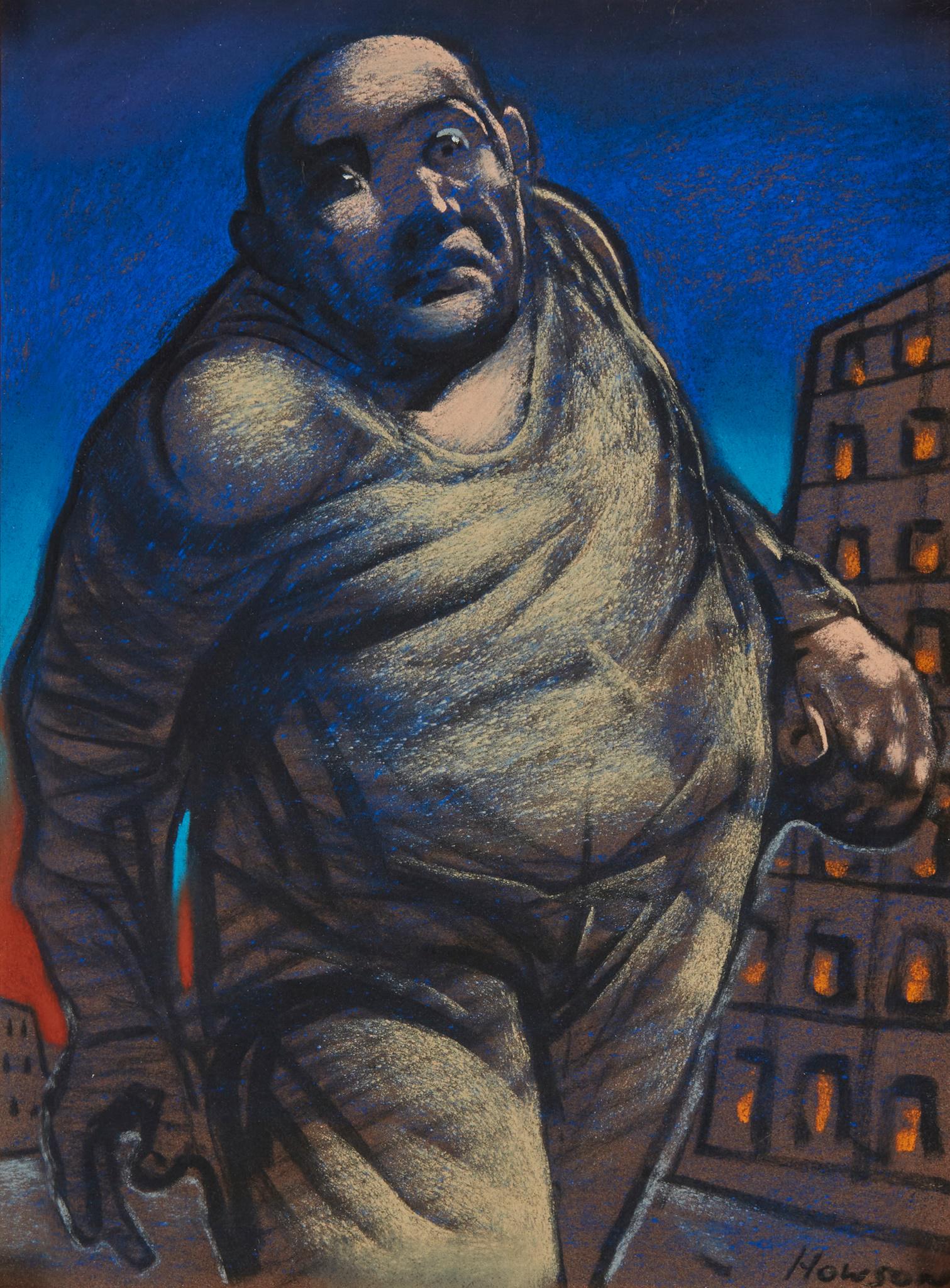 Â§ PETER HOWSON O.B.E. (SCOTTISH 1958-) UNTITLED (MAN IN CITY STREET AT DUSK): Signed lower right, pastel(28cm x 21cm (11in x 8.25in))