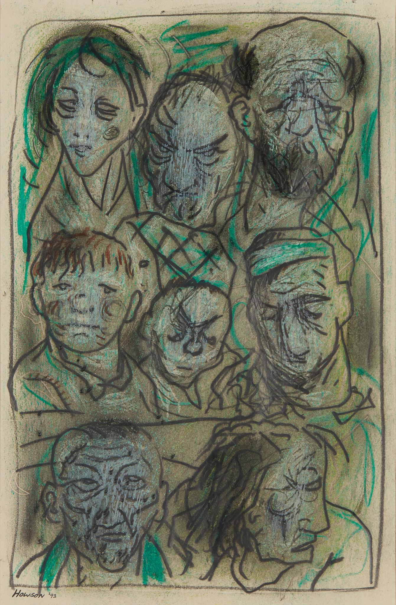 Â§ PETER HOWSON O.B.E. (SCOTTISH 1958-) FACES - BOSNIAN WAR SERIES, 1993: Signed and dated lower left, graphite and pastel(39cm x 25.5cm (15.25in x 10in))