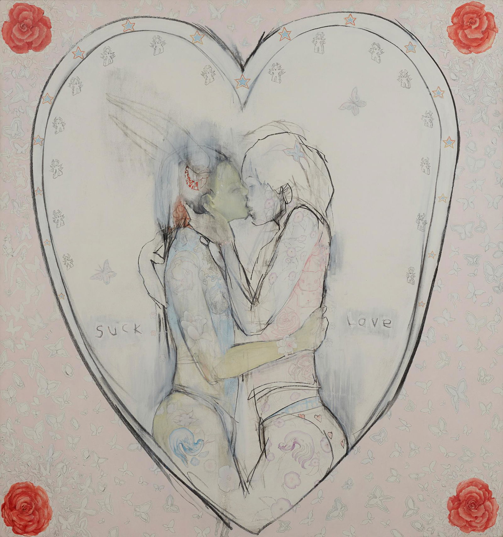 Â§ ANTONY MICALLEF (BRITISH 1975-) SUCK LOVE: Inscribed with title, indistinctly signed verso, mixed media on canvas(160cm x 170cm (63in x 67in), unframed)