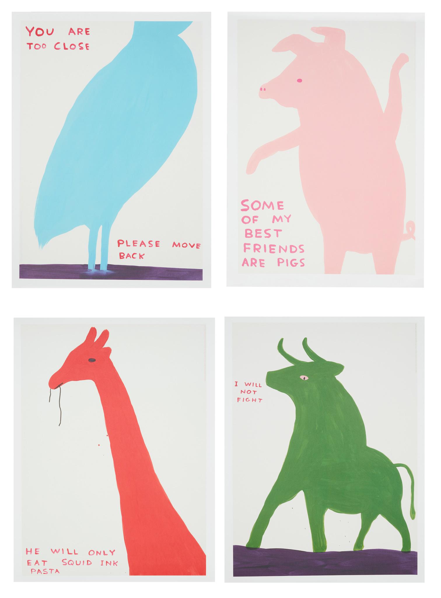 Â§ DAVID SHRIGLEY O.B.E. (BRITISH 1968-) ANIMALS SERIES (SET OF 4) - 2020: Off-set lithographic posters, printed by Narayana Press, Denmark, published by Shrig Shop, Copenhagen(each 80cm x 60cm (31.5in x 23.5in), unframed)Qty: (4)
