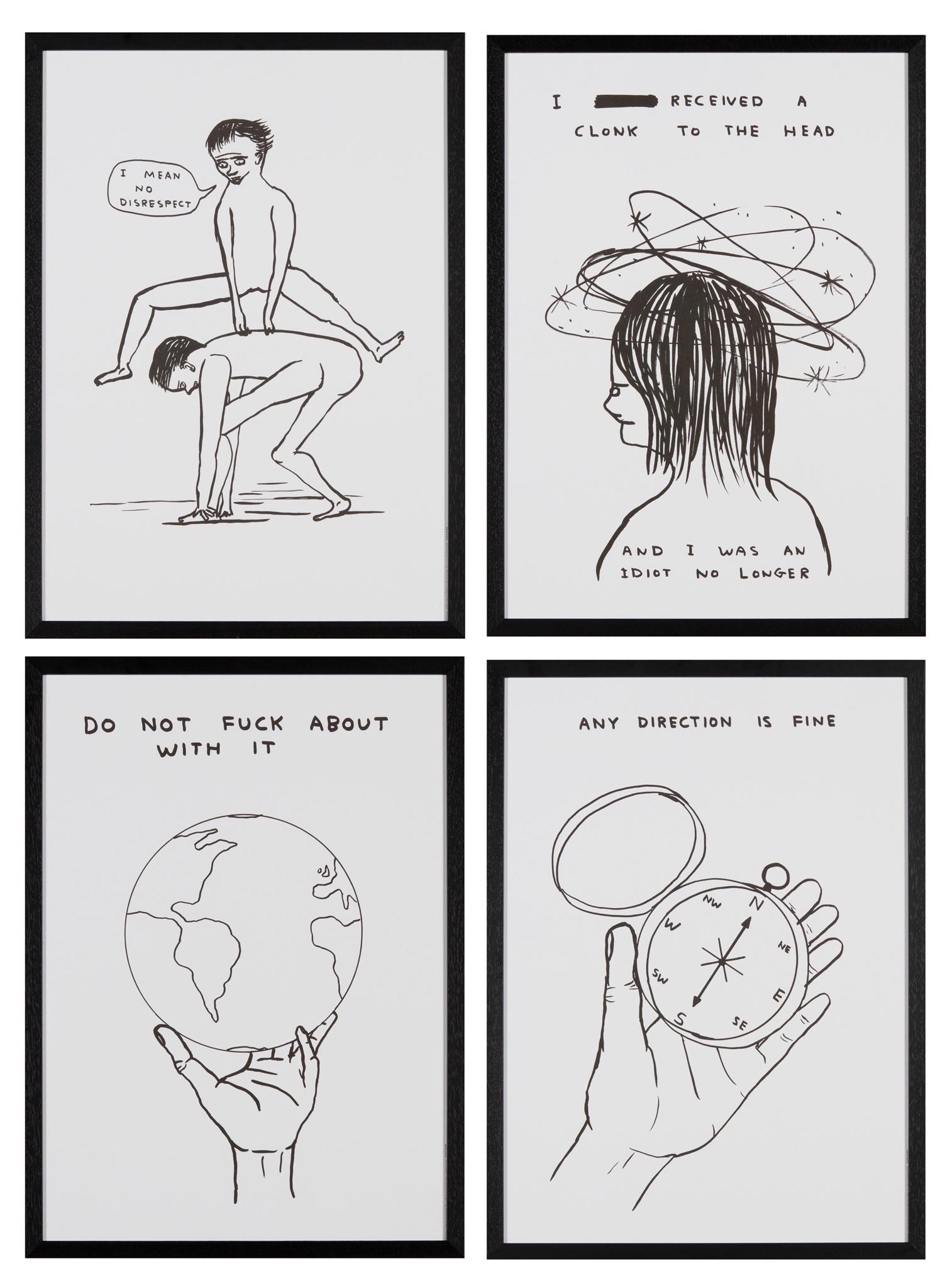 Â§ DAVID SHRIGLEY O.B.E. (BRITISH 1968-) HUMAN BEHAVIOUR (SET OF 4) - 2022: The set of four digital prints on 200g Munken Lynx paper, ed. 250, printed by Narayana Press in Denmark, published by Shrig Shop, Copenhagen(each 70cm x 50cm (27.5in x 19.75in))Qty: (4)