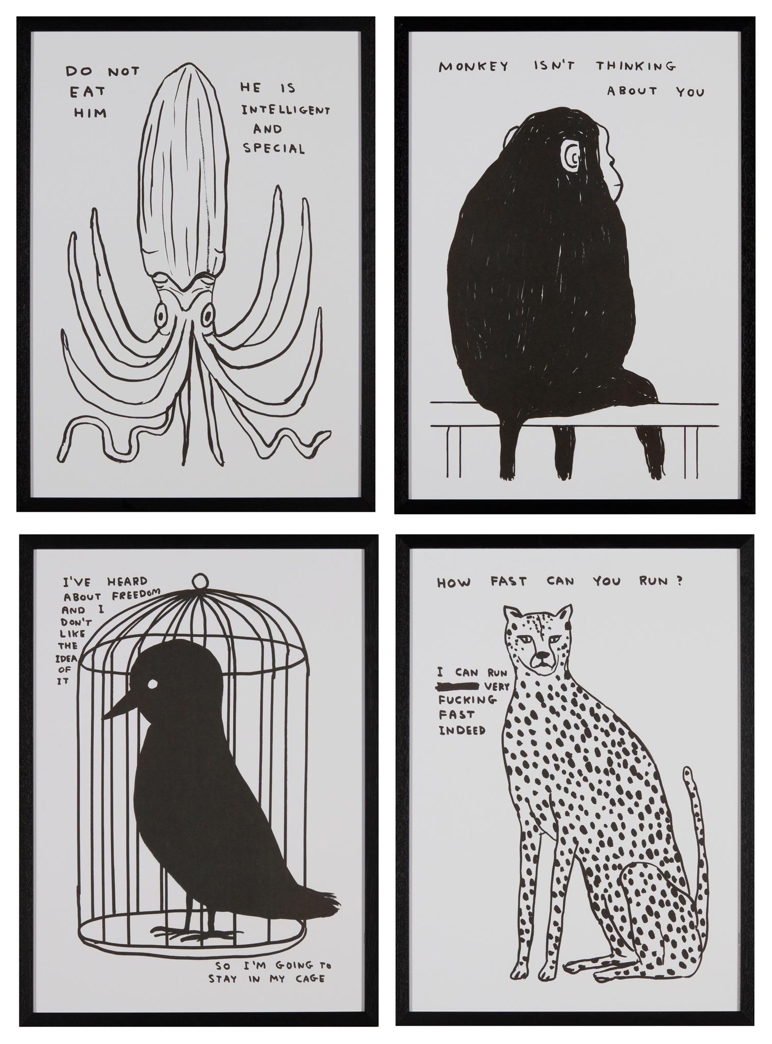 Â§ DAVID SHRIGLEY O.B.E. (BRITISH 1968-) ANIMALS & EXISTENTIALISM (SET OF 4) - 2022: The set of four digital prints on 200g Munken Lynx paper, ed. 250, printed by Narayana Press in Denmark, published by Shrig Shop, Copenhagen(each 70cm x 50cm (27.5in x 19.75in))Qty: (4)